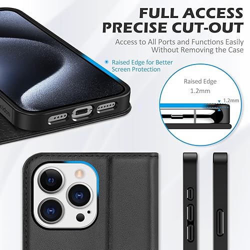 Miniatura 7 de SHIELDON Funda para iPhone 15 Pro Max de 6.7 pulgadas, de piel auténtica, cierre magnético, ranura para tarjeta de bloqueo RFID, función atril,