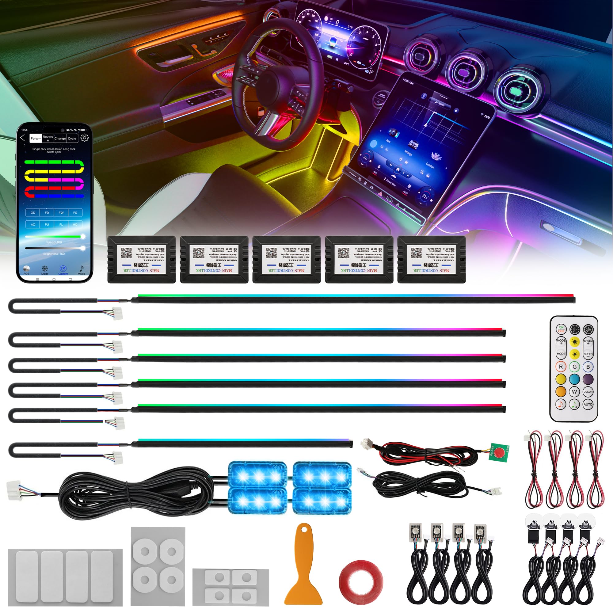 Defvnsy Kit di illuminazione interna a LED per auto, 18 in 1, RGB, 12 V, strisce in fibra ottica acrilica, illuminazione ambientale a LED colorata, controllo app, illuminazione interna universale al