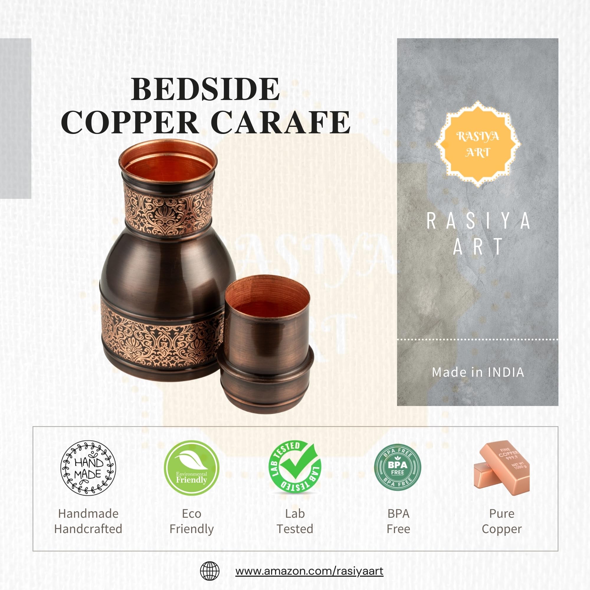 Set di brocca e bicchiere in rame, brocca per acqua in rame puro al 99,74% con 4 bicchieri per benefici per la salute ayurvedica