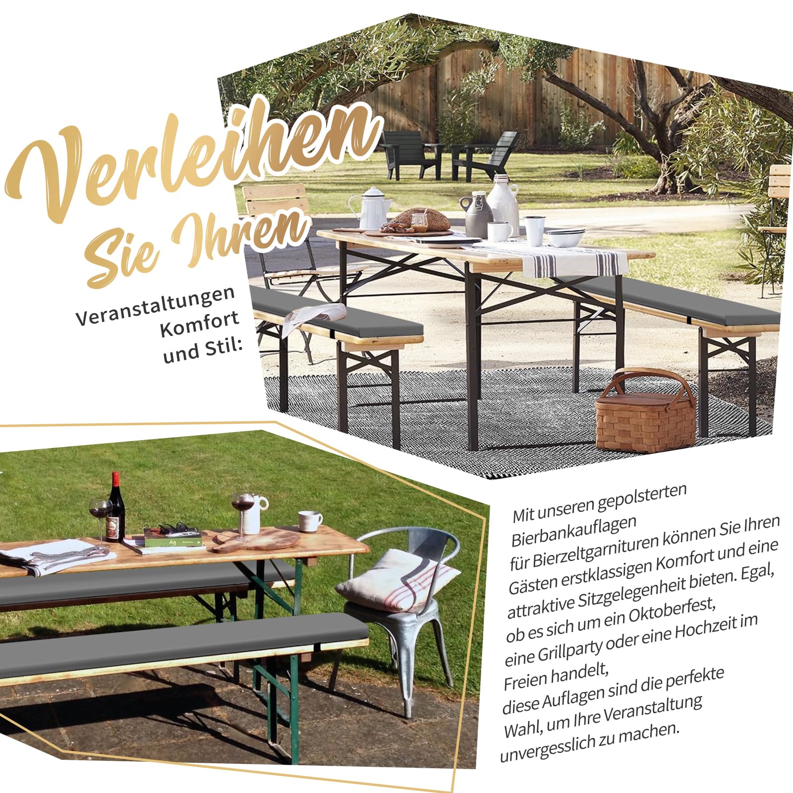 Showgeous 4er-Pack Bierbankauflage Gepolstert für Bierzeltgarnitur Bankauflage 220x25x3cm XL Waschbare Bierbankauflagen Gepolstert Auflage für Biertisch & Partyzeltgarnitur(Grau,Wasserabweisend)