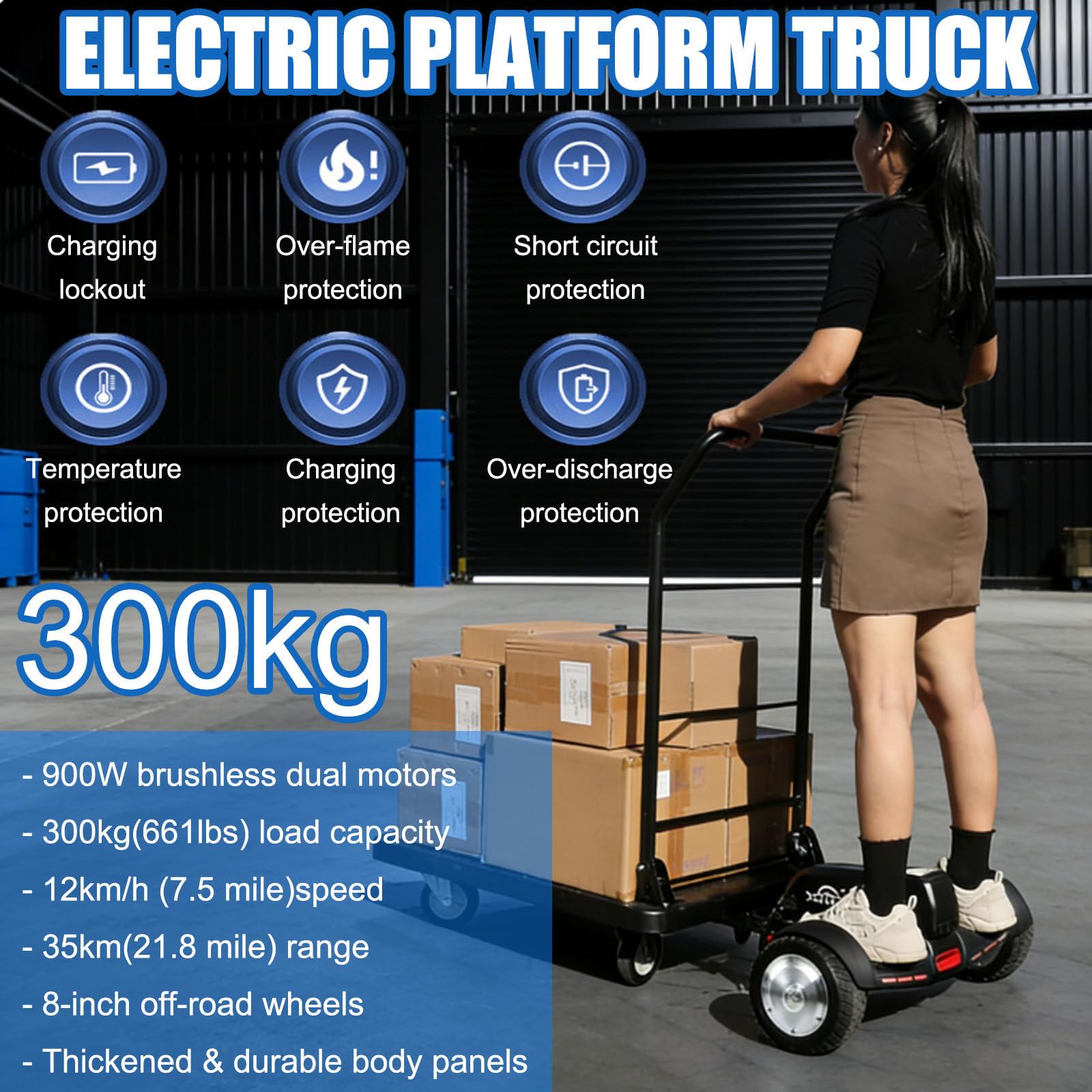 Carrello A Piattaforma Elettrico 2026, Transpallet Elettrico, Ruote da 8" per Tutti I Terreni, Portata 300 kg, Autonomia di 35 Km, Carrello A Pianale Pieghevole Motorizzato 90 * 60cm