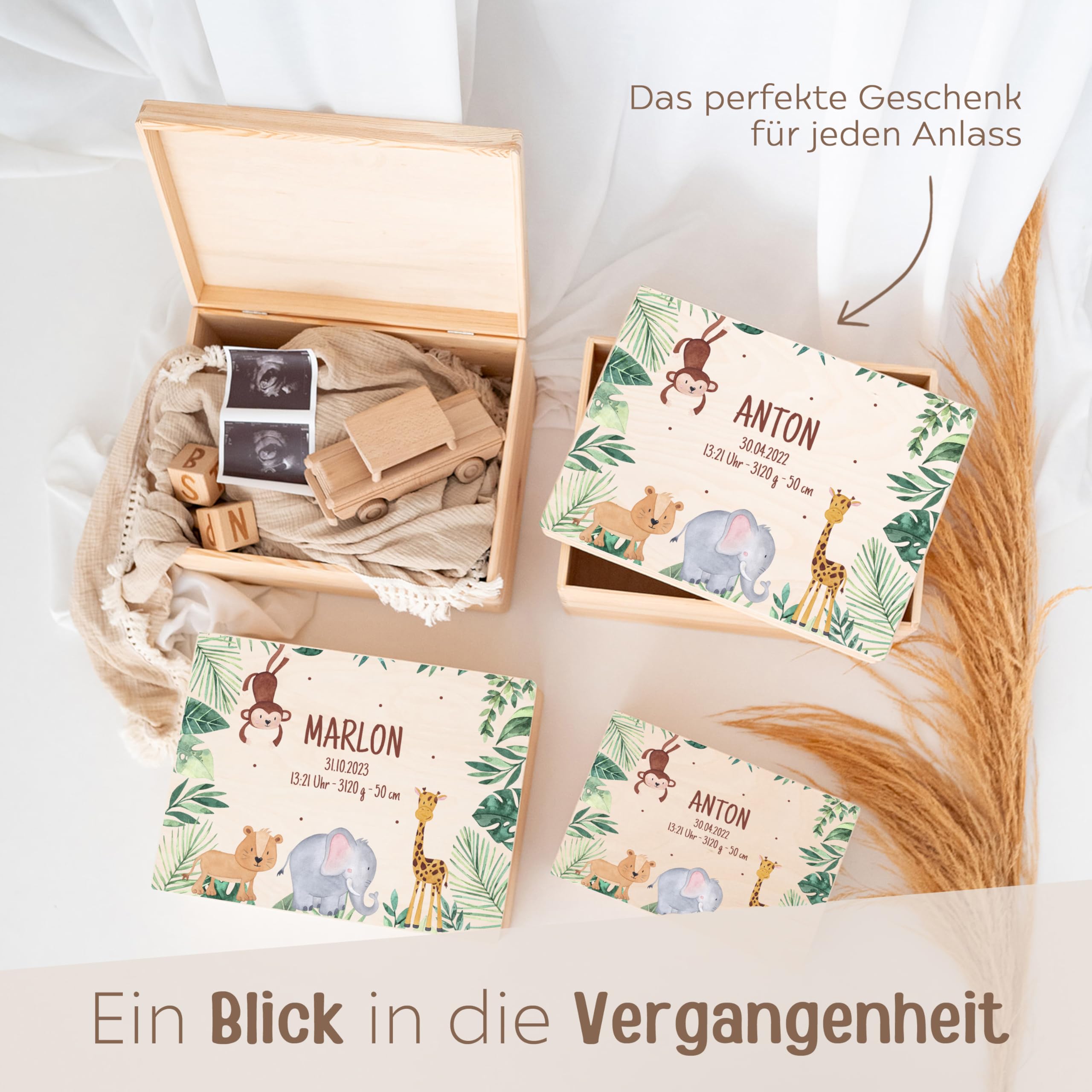 wunderwunsch - Personalisierte Erinnerungsbox Baby mit Hochwertigem Druck - Individuelle Erinnerungsbox - Niedliche Erinnerungskiste aus Holz - Geschenk zur Geburt (Tiere Dschungel, M-Klappdeckel)