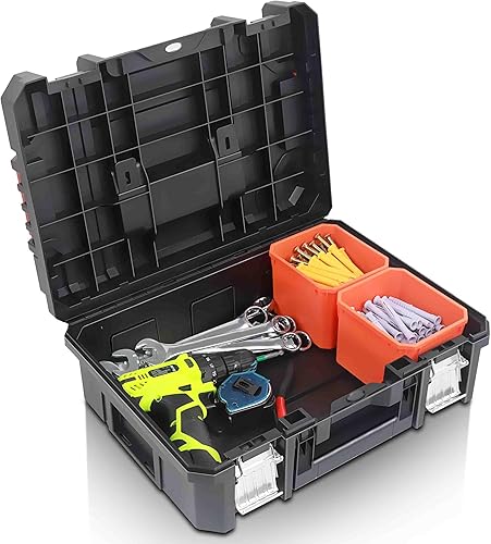 Miniatura 5 de Anyyion Caja de herramientas de 17 pulgadas, asas dobles, apilable, esencial para decoración del hogar. (Tamaño interno 16.54 pulgadas de largo x