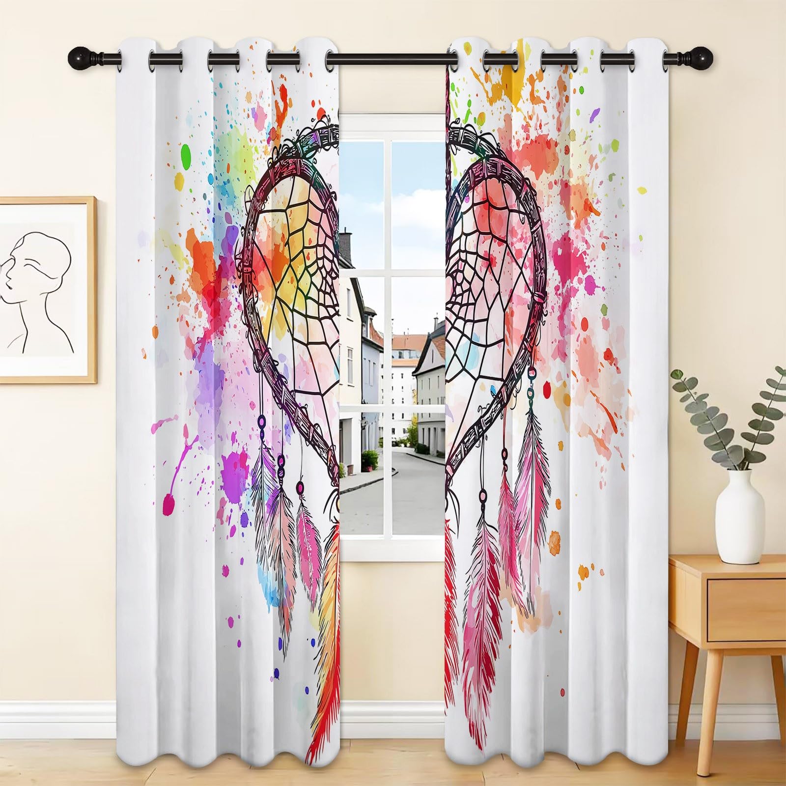 91,5 x 214 cm Termiczne zasłony zaciemniające zestaw 2 sztuk, akwarelowe pióra łapacza snów, zasłona zaciemniająca z oczkami do sypialni, redukcja hałasu, biała