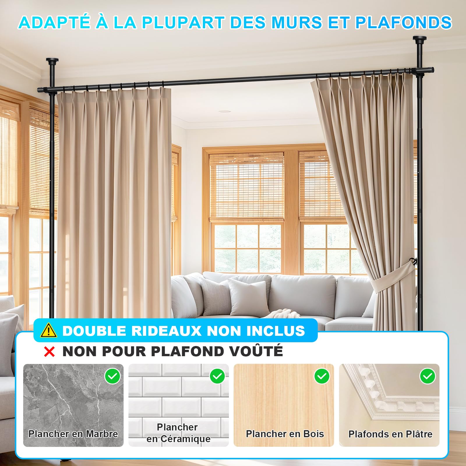 AIZESI Tringle à Rideaux Verticale sans Percage Extensible - Paravent d'Intérieur Brise-Vue Noir - Réglable Hauteur 242-351 cm x Largeur 111-297 cm - Pour Salon, Chambre, Bureau