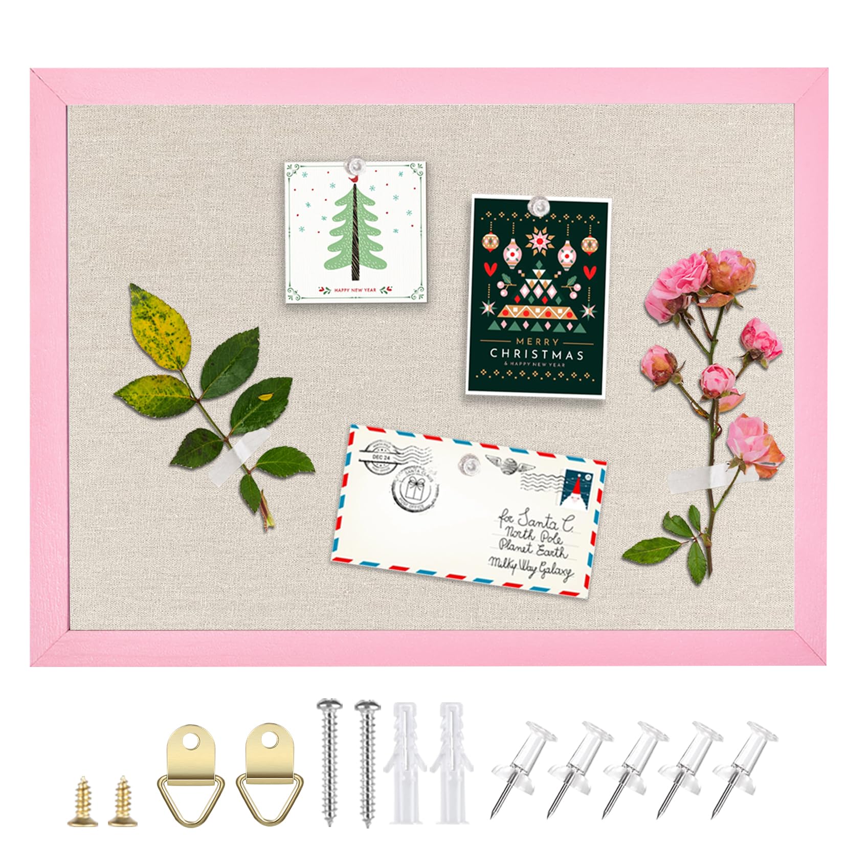 Linen Bulletin Board,13"x17" Pink Wood Frame Bulletin Boards,Beige Linen,Small Pin Board for Home Kitchen Office Decorative(PK-3343)