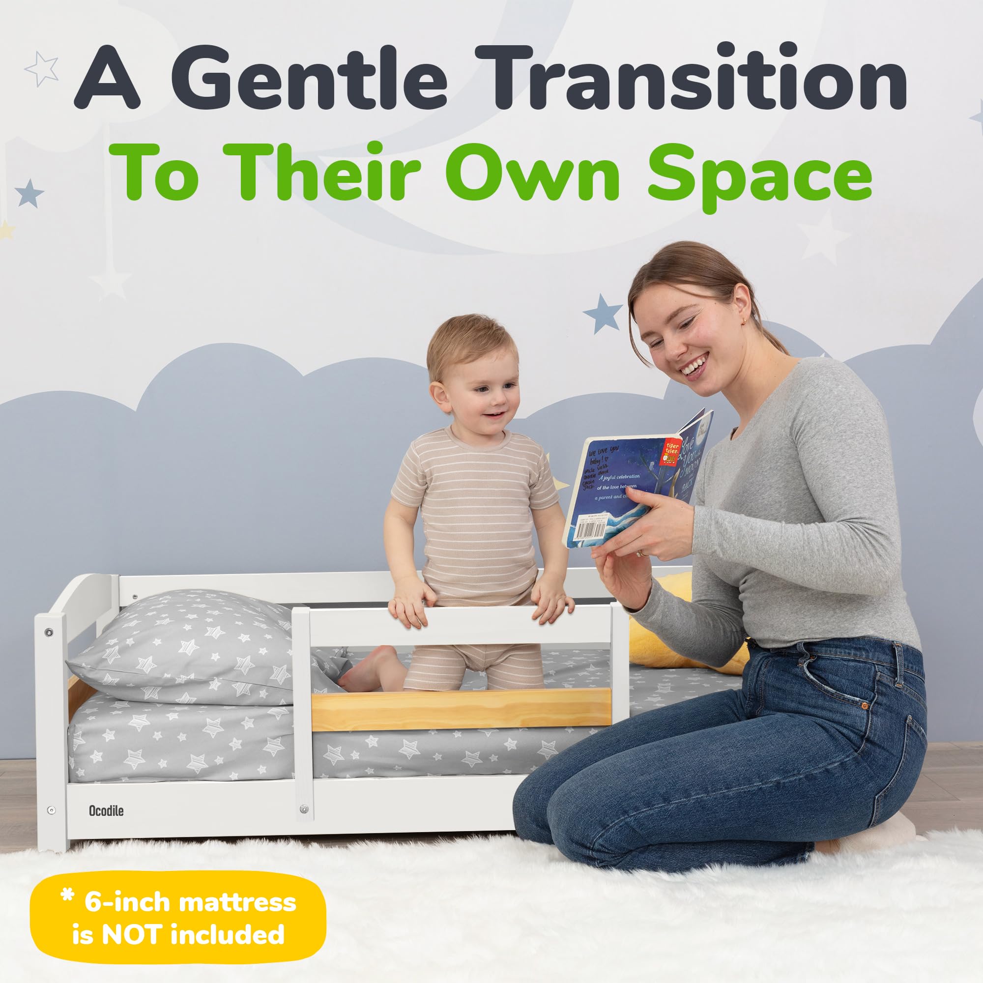 Montessori - Cama infantil tamaño cuna con 2 aberturas, marco de madera de baja altura, diseño seguro y transpirable para bebés, bebés y niños pequeños, color blanco