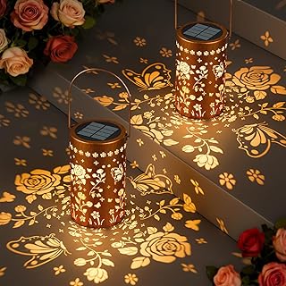 Butterfly Rose Solar Lanterns Outdoor: 2 Pack Hanging Metal LED Garden L...