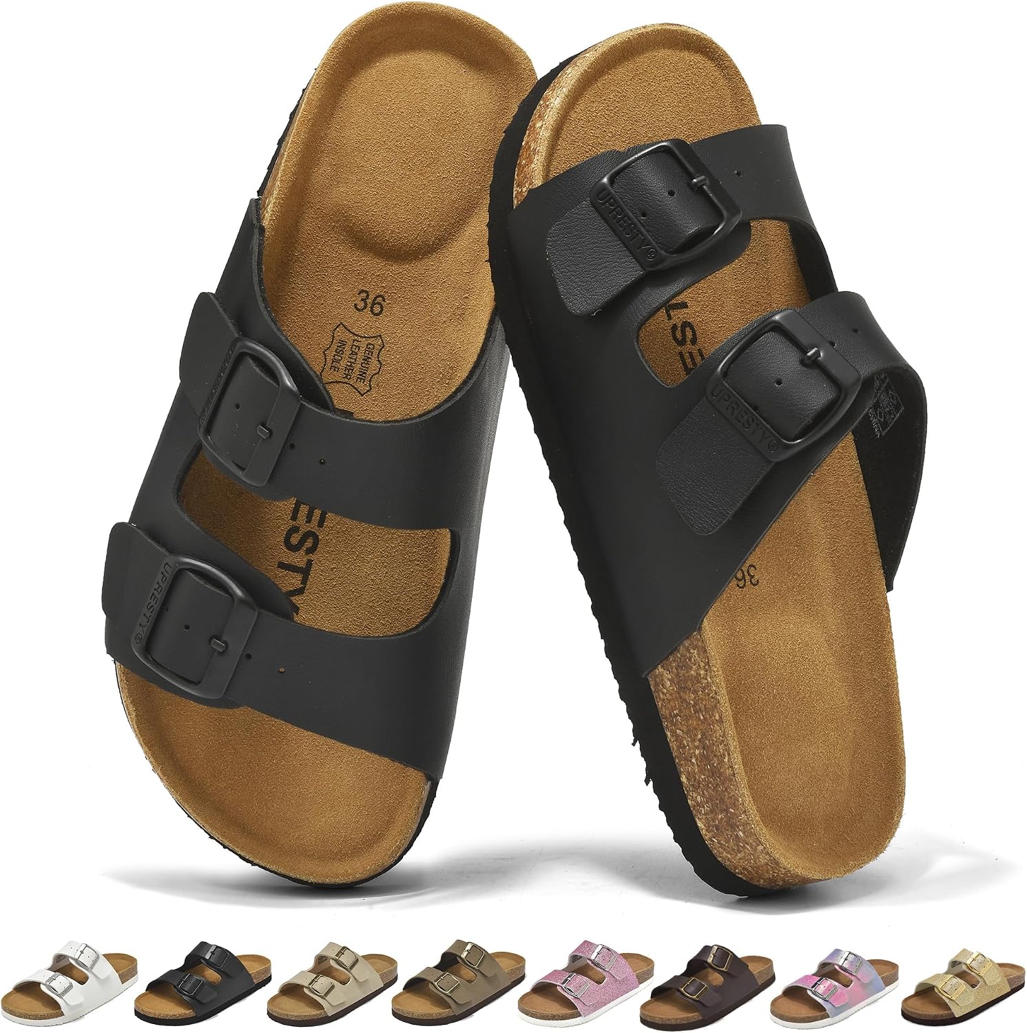 Genuine Suede Kids Toddler Sandals with Cork Footbed and Memory Foam Insole, Girls Boys Sandals with Arch Support, Adjustable Double Buckle Slides Sandals for Casual School Unisex