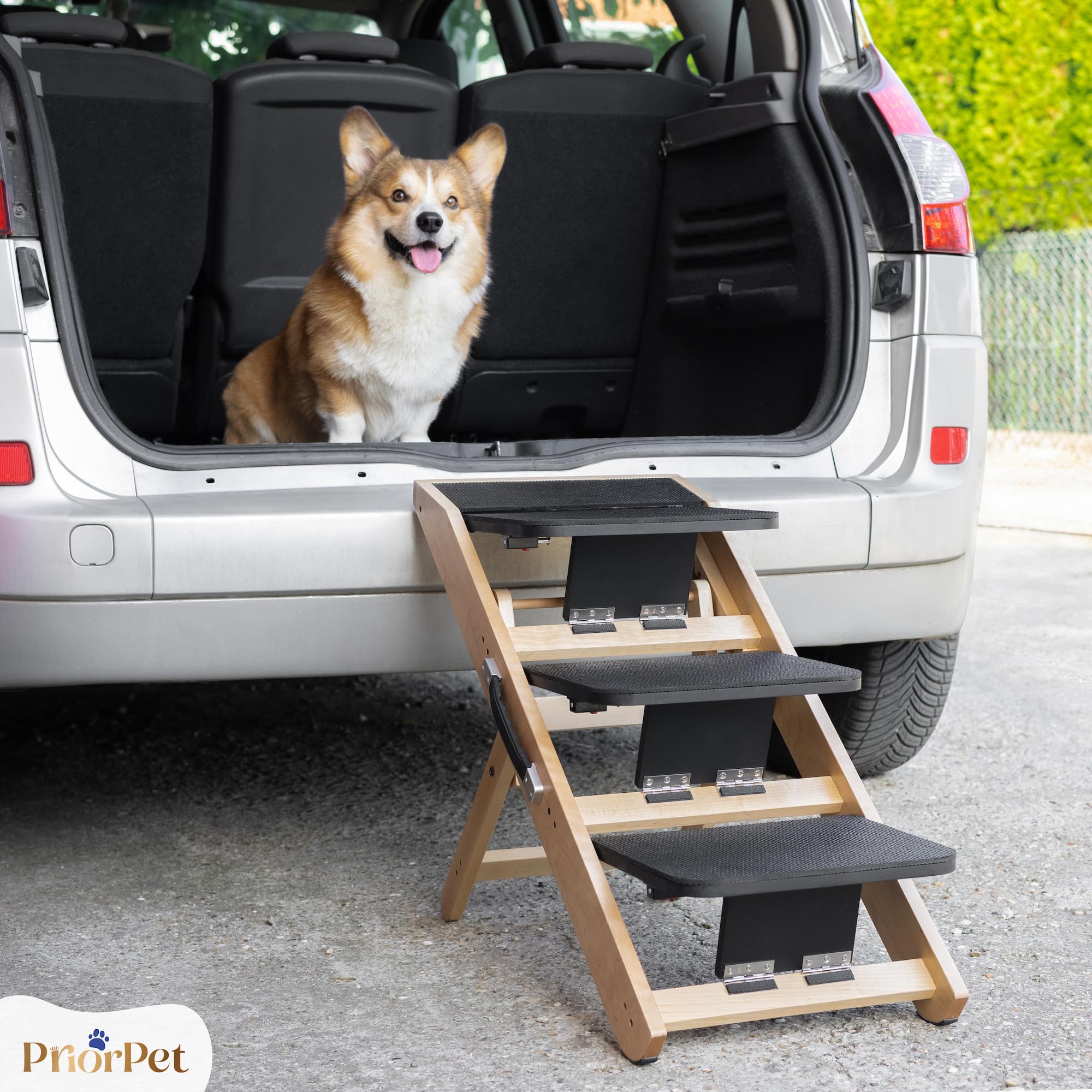 Escalones y Rampa para Perros 2-en-1 - Escalera/Rampa Ajustable en Altura para Sofá 18-50 cm - Escalones para Mascotas, Escalones para Perros Pequeños - con Plataforma de Aterrizaje, Natural
