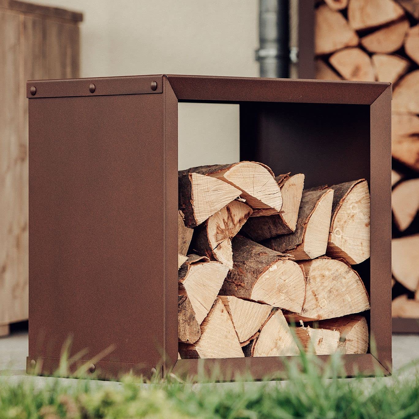 hiyard Holzlager I Wooker square 49 x 49 cm I Kaminholzregal I Brennholzregal I Made in Germany I rostbraun