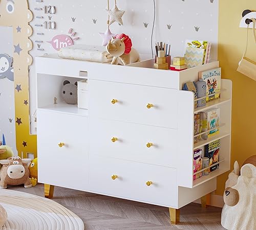 Cambiador de pañales para bebé, cambiador de pañales con mesa grande, 4 cajones, espacio de almacenamiento abierto y estantes laterales, cuna de