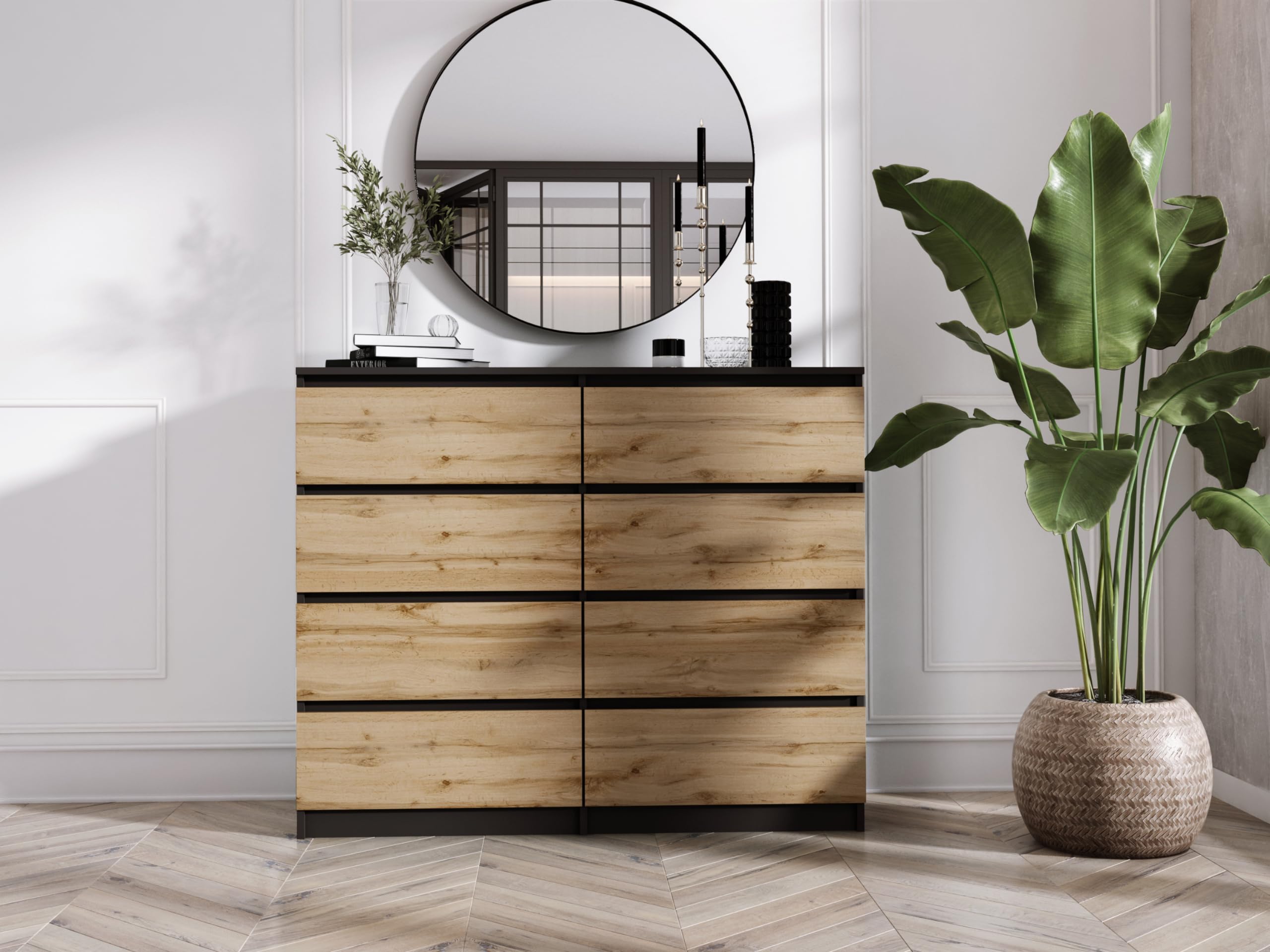 3E 3xE living.com Cassettiera, credenza con 8 cassetti, Nero e Rovere Wotan, D: 120 x 101 x 39 cm