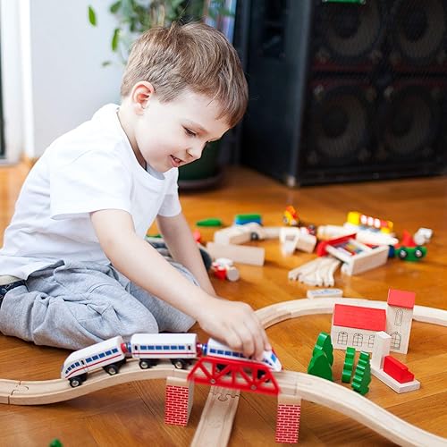 Miniatura 4 de Red Brick - Elevadores de madera para tren de madera, paquete de 8 – Novedoso juego de tren de madera para juego de vías elevadas y puentes de vías