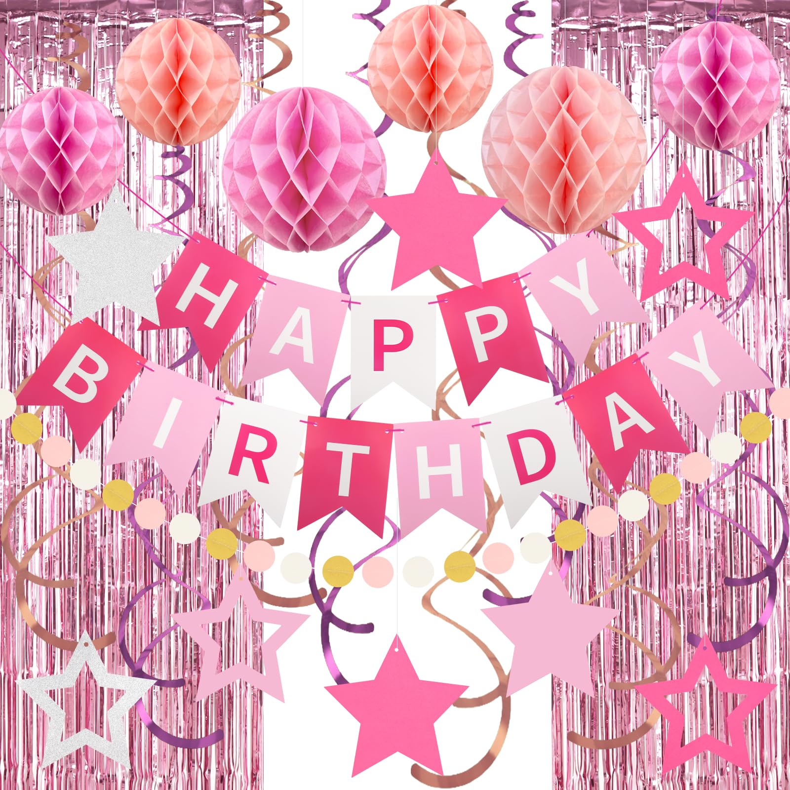 Tolle Geburtstag Deko Set - Geburtstag Banner, Folien Vorhänge, Wabenbälle & Party Accessoires Rosa Geburtstagsdeko - Für Jungens/Mädchen Kindergeburtstag - Einfache Montage
