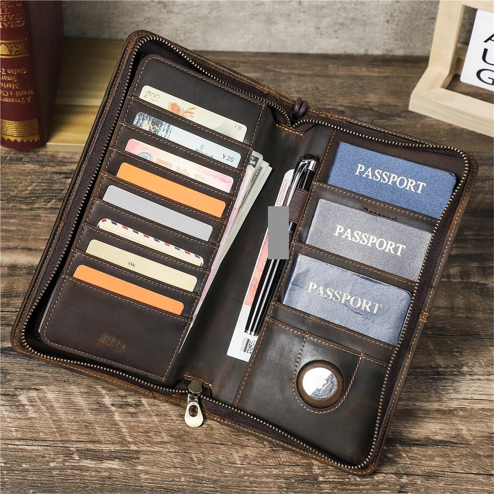 Reisepass Organizer Echtes Leder Familie Pass Kupplung Brieftaschen Vintage Männer Reisetaschen Abdeckung Karte Halter Telefon Tasche(Coffee)