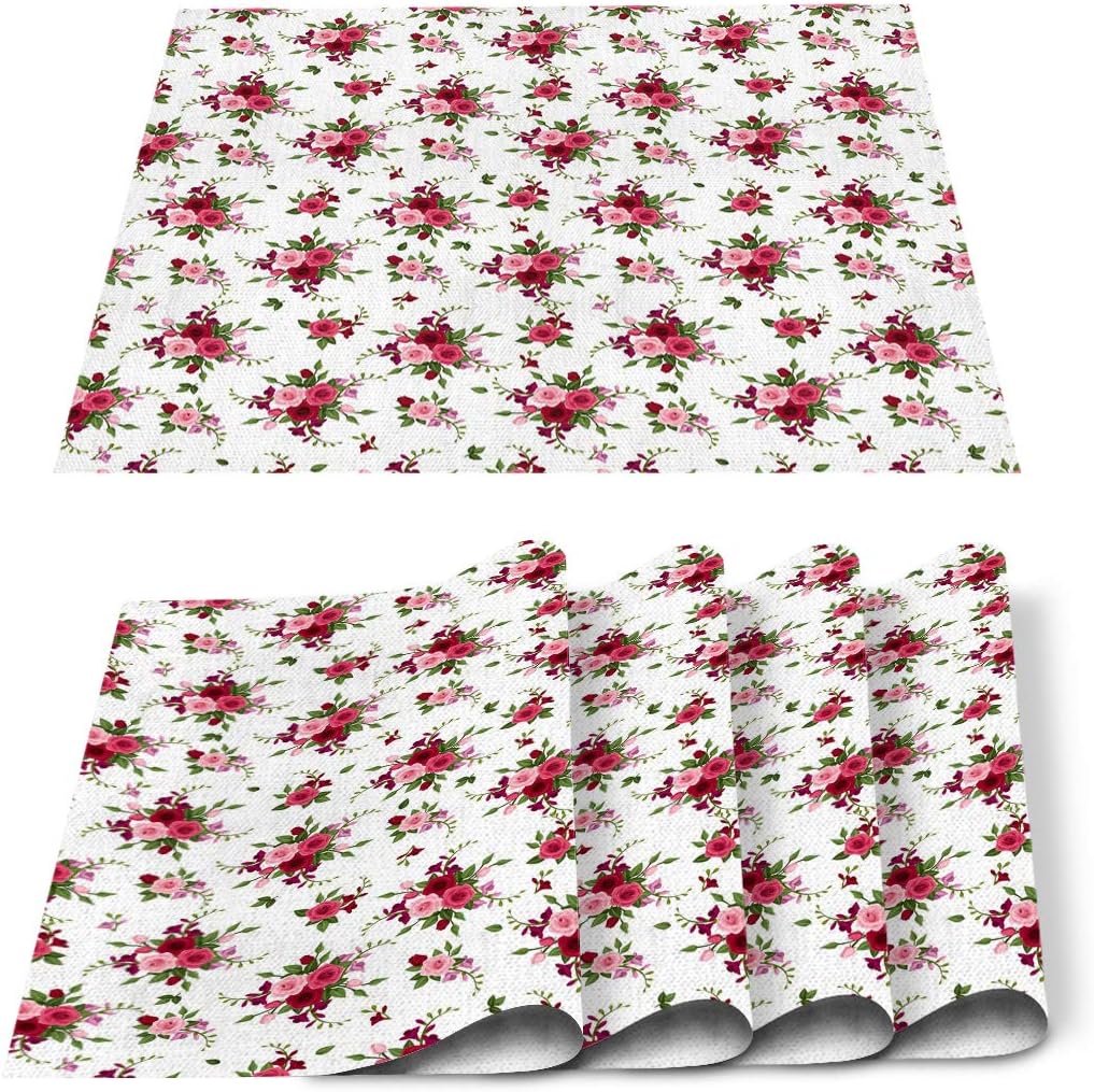 Monroda 6 Pieces Floral Placemats, Cotton Linen Heat Resistant Place Mat, Indoor Outdoor Placemat Perfect for Home Kitchen Decor Beautiful Red Roses Repeat Theme