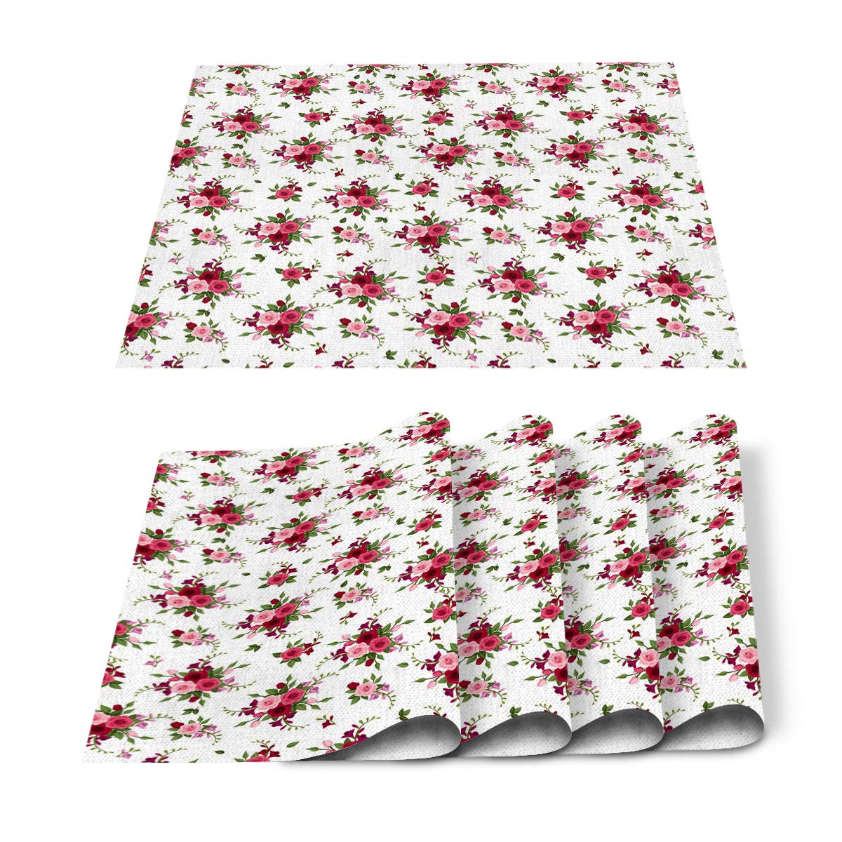 Monroda 6 Pieces Floral Placemats, Cotton Linen Heat Resistant Place Mat, Indoor Outdoor Placemat Perfect for Home Kitchen Decor Beautiful Red Roses Repeat Theme