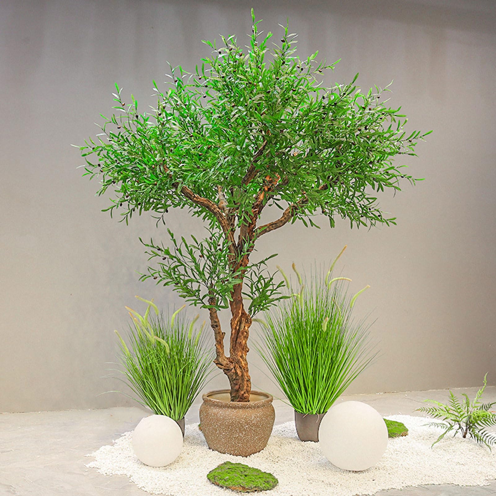 tectake® Albero di Ulivo Artificiale, Foglie Dettagliate con Olive Realistiche, Vaso Stabile in Plastica, Decorazione per Soggiorno, Ufficio e Interni, Facile da Pulire - 120 cm