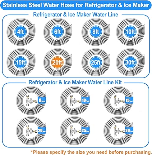 Miniatura 7 de Línea de agua para refrigerador (2 piezas) – Manguera de agua trenzada de acero inoxidable de alta calidad para máquina de hielo de 6 pies + 20