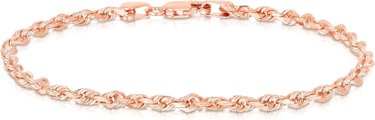 Floreo 10k Yellow Gold or White Gold or Rose Gold 2.5mm Solid Rope Chain Diamond Cut Bracelet or Anklet