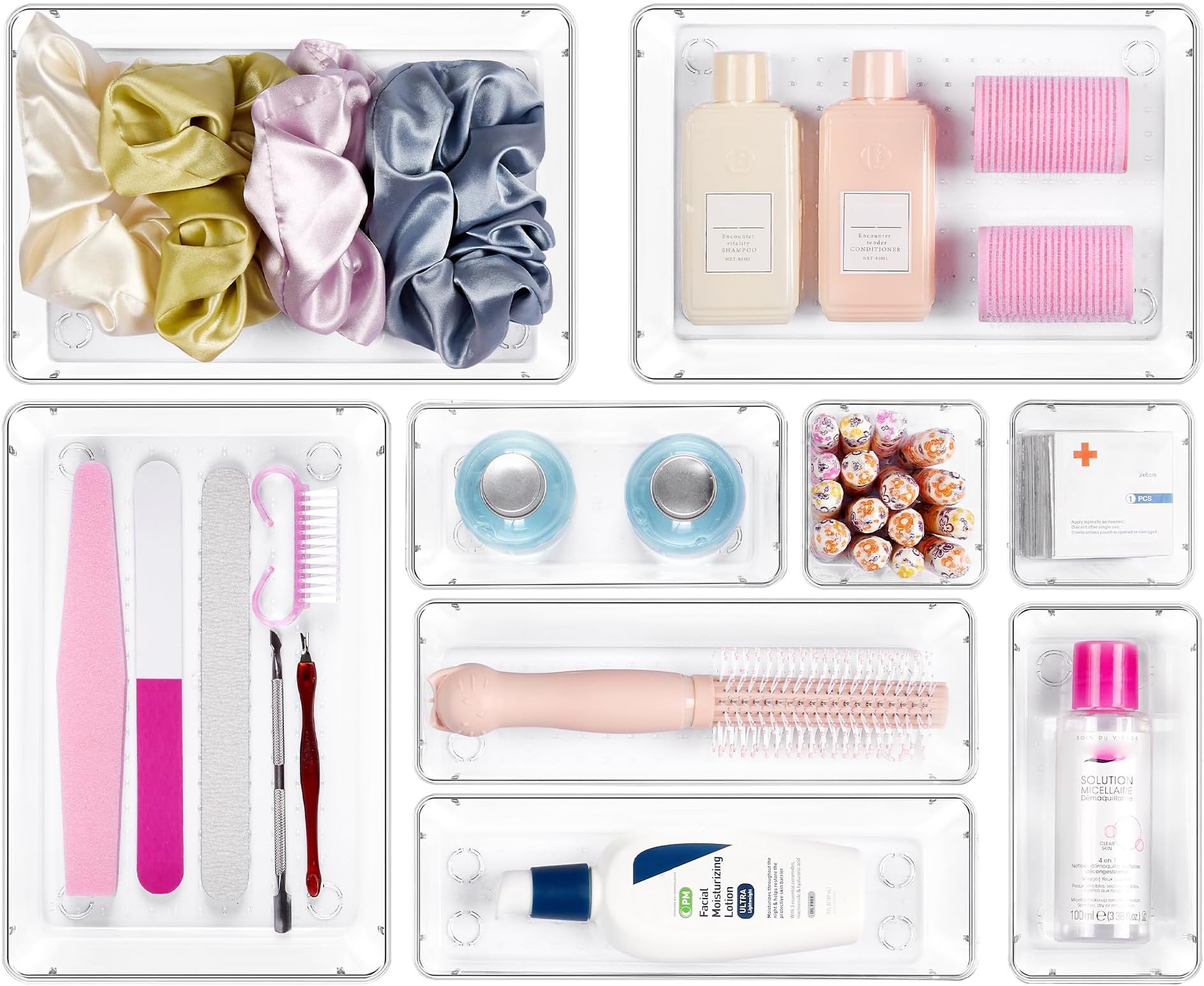 9 PCS Drawer Organiser Set, 4 Size Clear Plastic Desk Storage Boxes, Acrylic Vanity Organizer Tray for Makeup, Office, Kitchen, Bedroom, Bathroom