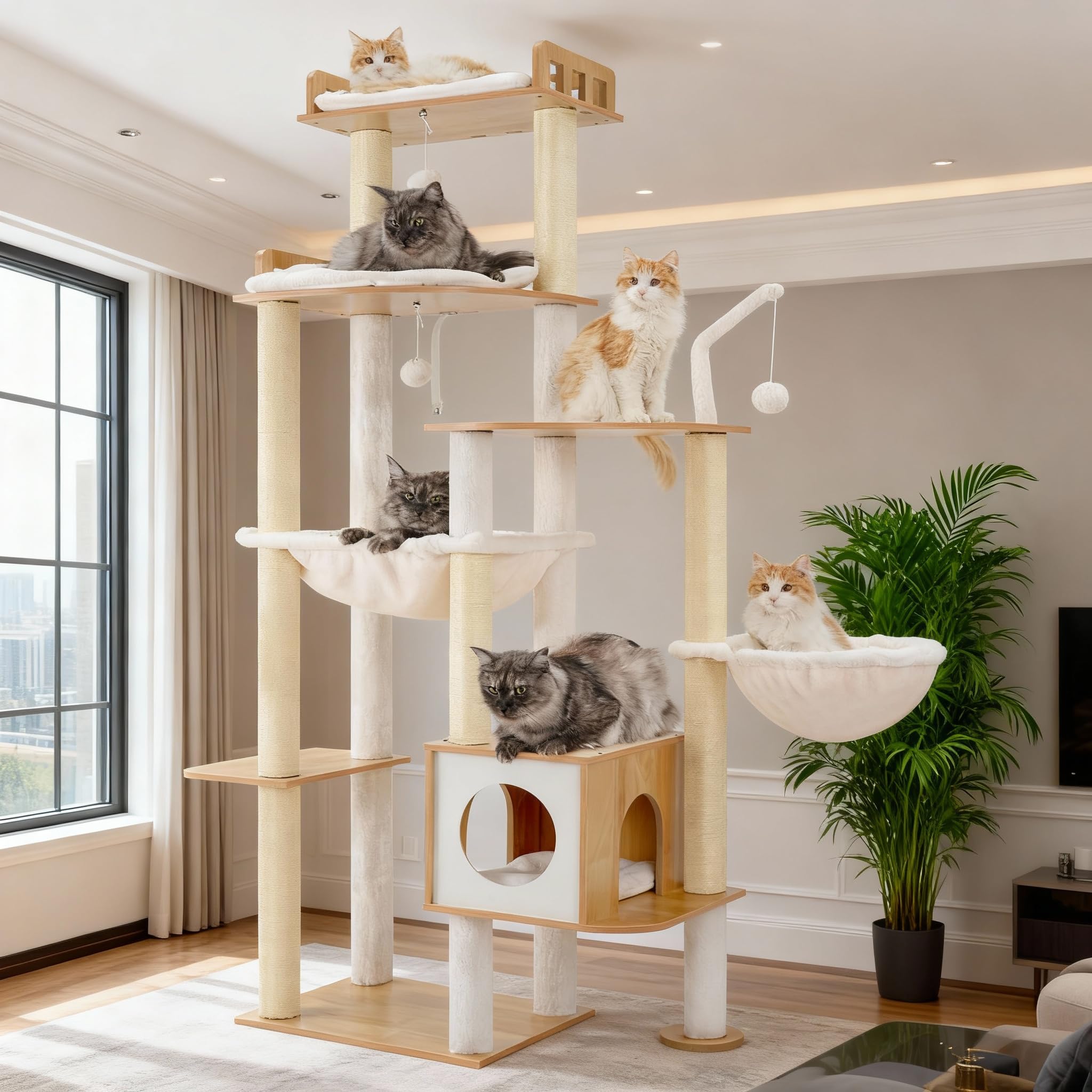 Heybly Árbol rascador para Gatos en Madera, 179 cm de Altura, con Plataforma Grande, Postes Rascadores de Sisal, Casita para Gatos y Hamaca, Construcción Robusta, Montaje Sencillo, Nogal HCT121WB