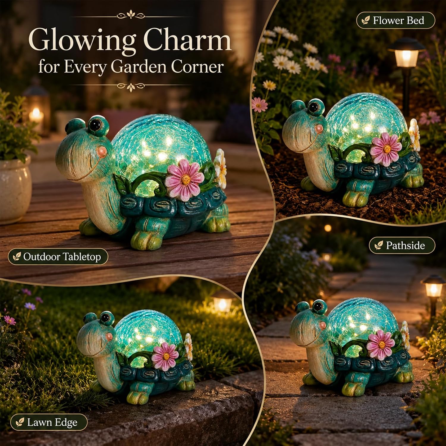 Turtle Solar Lights Outdoor, Cute Resin Statues with Crackled Glass Globe image 4
