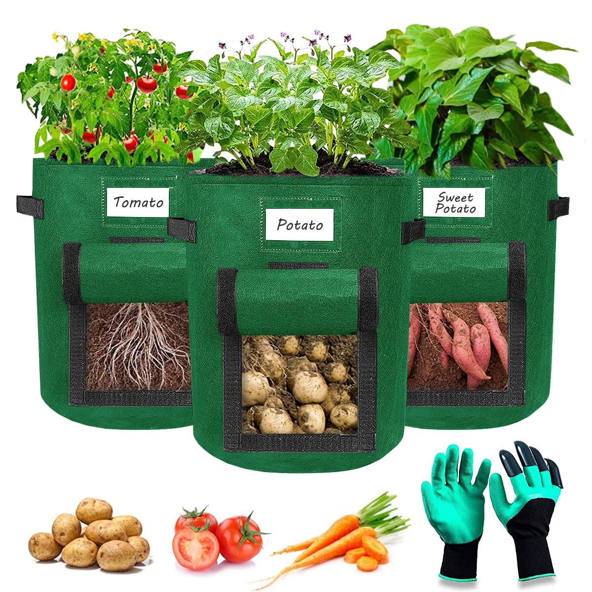 Airminti 3-Pack 7 Gallonen Kartoffel Pflanzsack, Pflanzbeutel mit Stabilen Griffen und Visualized Flap, Verdickte und Atmungsaktive Vliestöpfe mit Gartenhandschuhe für Tomaten, Kartoffeln
