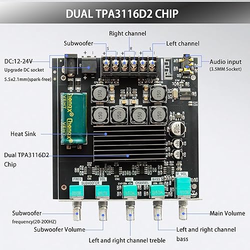 Miniatura 2 de Placa de amplificador Bluetooth, ZK-TB21 2.1 canal 50W+50W+100W amplificador de potencia, mini Bluetooth 5.0 AMP con subwoofer, control de agudos de