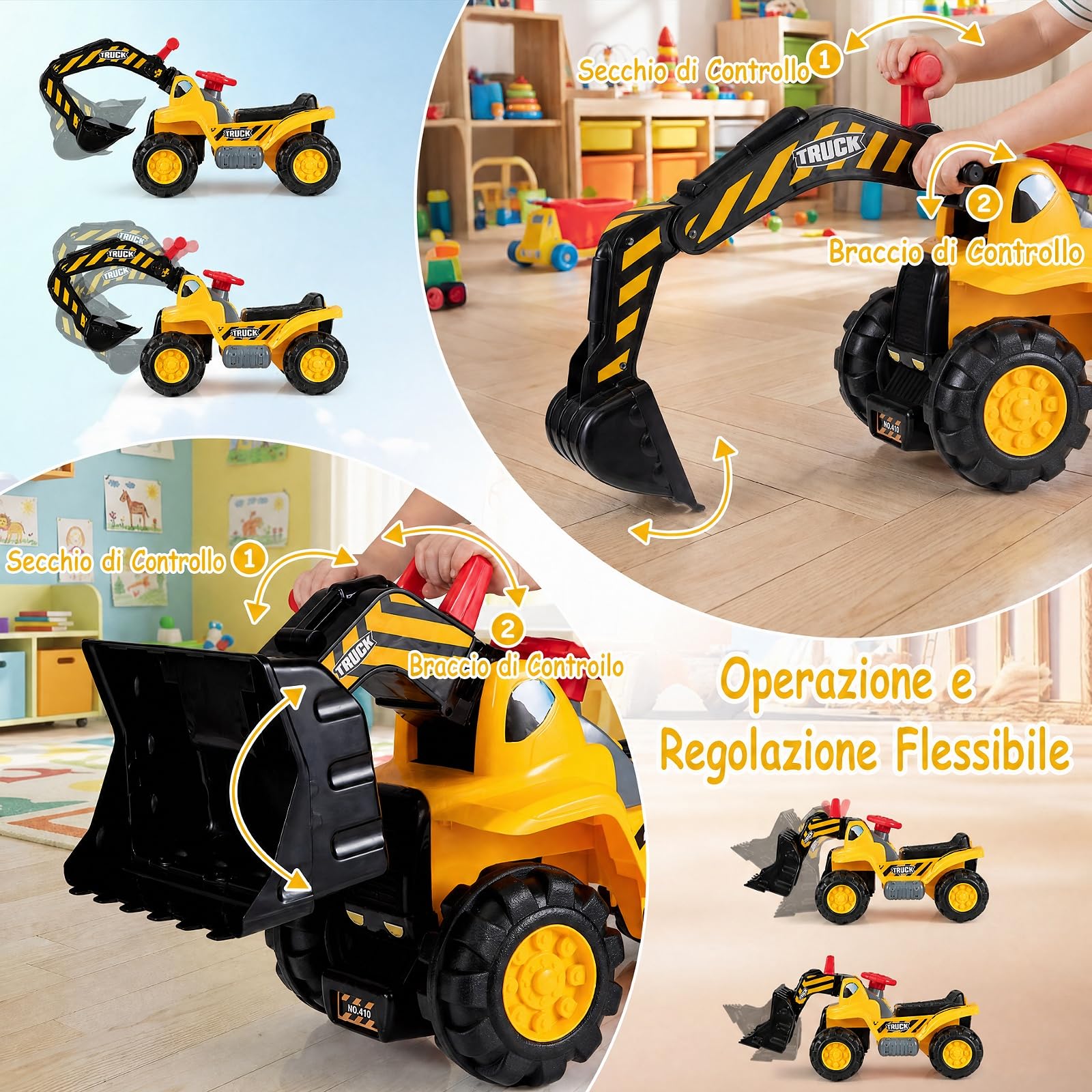 COSTWAY 3 in 1 Escavatore Cavalcabile per Bambini 2+ Anni, Carico 25 kg | Ruspa Giocattolo per Bambini con Suoni Realistici, Seduta con Vano Portaoggetti, Pietre, Casco e Gilet, per Casa Asilo