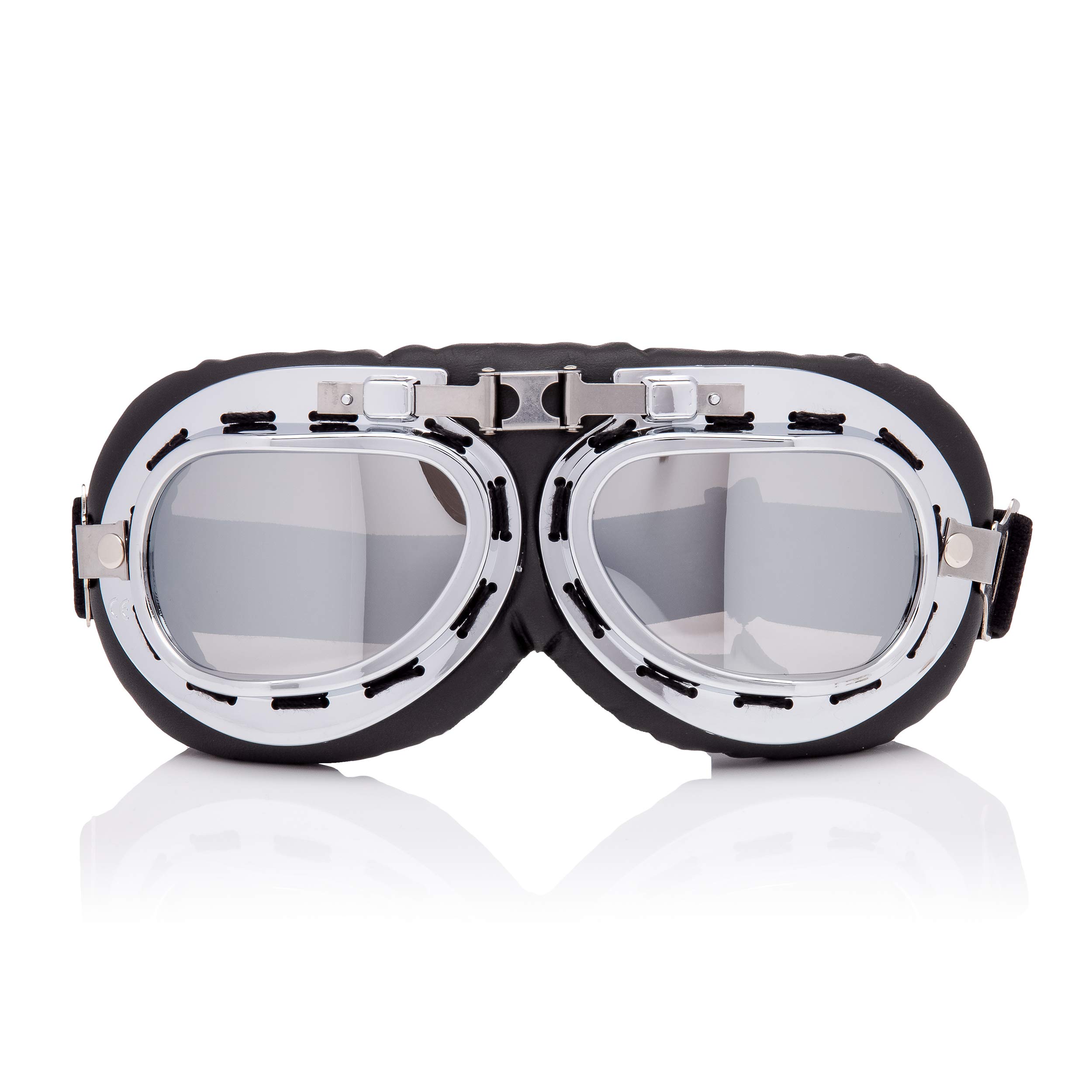 Ultra Silver with Mirrored Lenses Vintage Classic Motorcycle Helmet Steampunk Retro Cyber Pilot Flying Goggles WW2 Battle of Britain Cosplay Eyewear Steampunk Goggles RAF Fancy Dress Cyber Glasses โ image 1