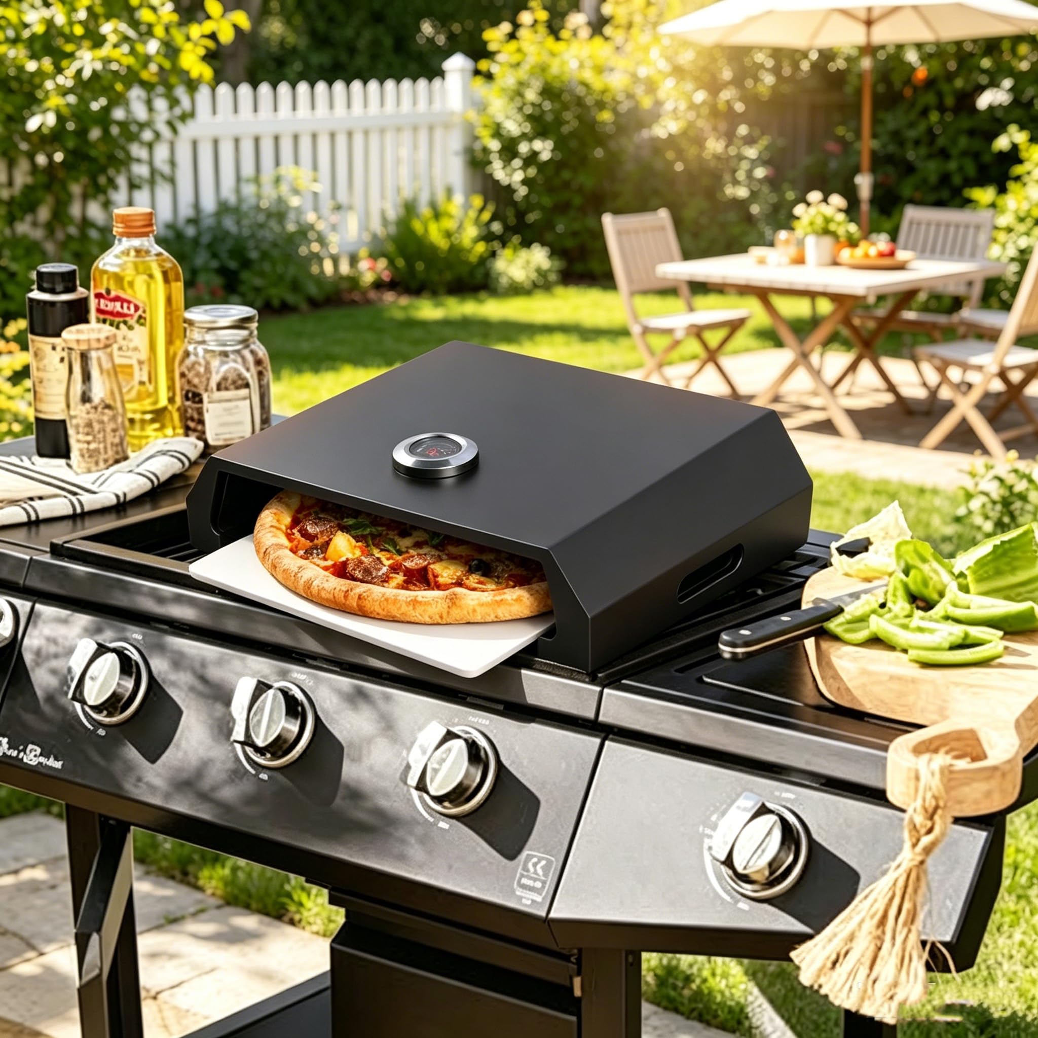 Pizzaofen für Grill: Blackstone Pizzaofen mit Stahlblech, Grilloberseite, Pizzagrill, integriertes Thermometer, geeignet für knusprige Hinterhof, hausgemachte Pizza