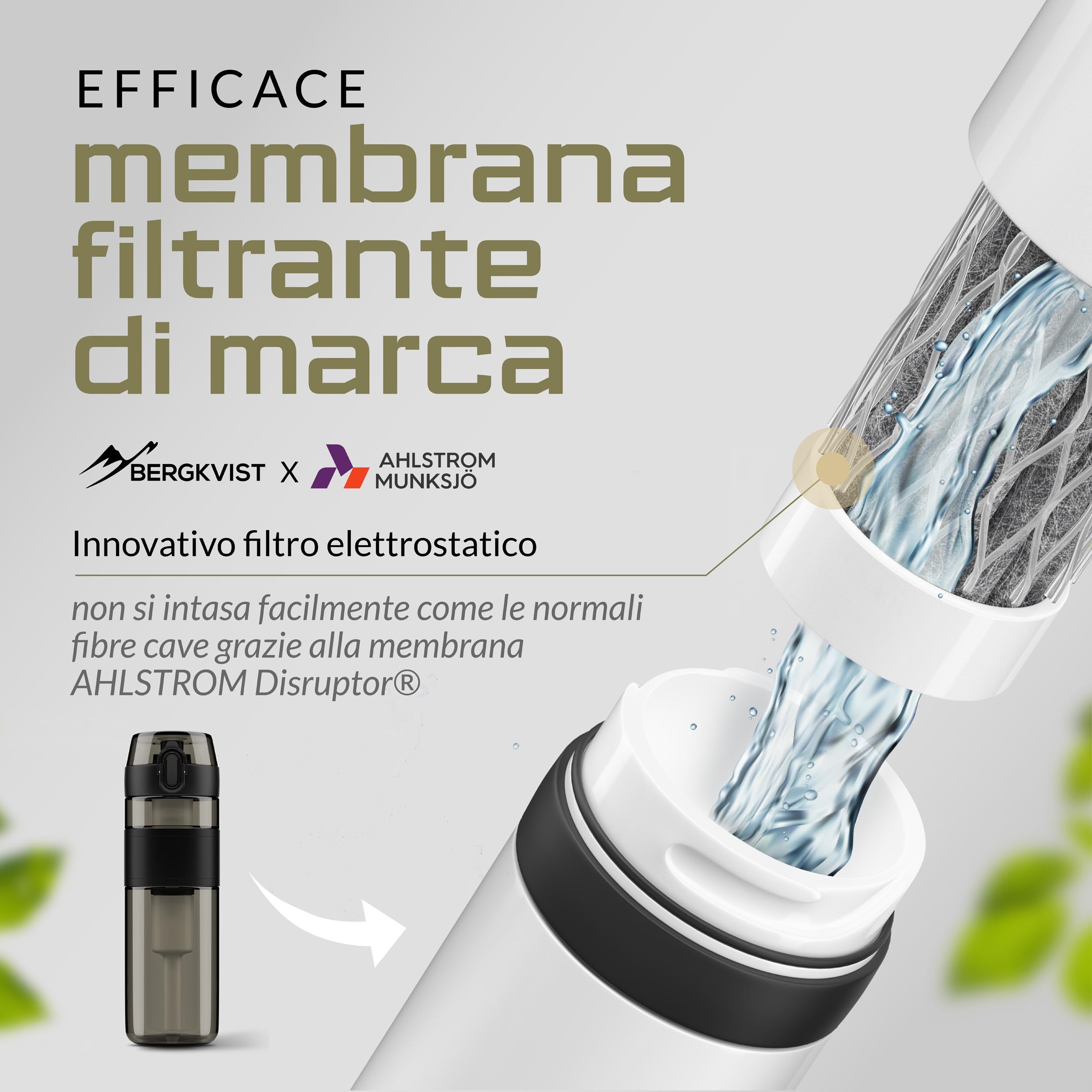 BERGKVIST® Bottiglia con filtro per acqua da esterno FJÄLLKLAR (500 ml) - borraccia con filtro di AHLSTROM® per acqua potabile pulita per campeggio, escursioni e sopravvivenza - Nero