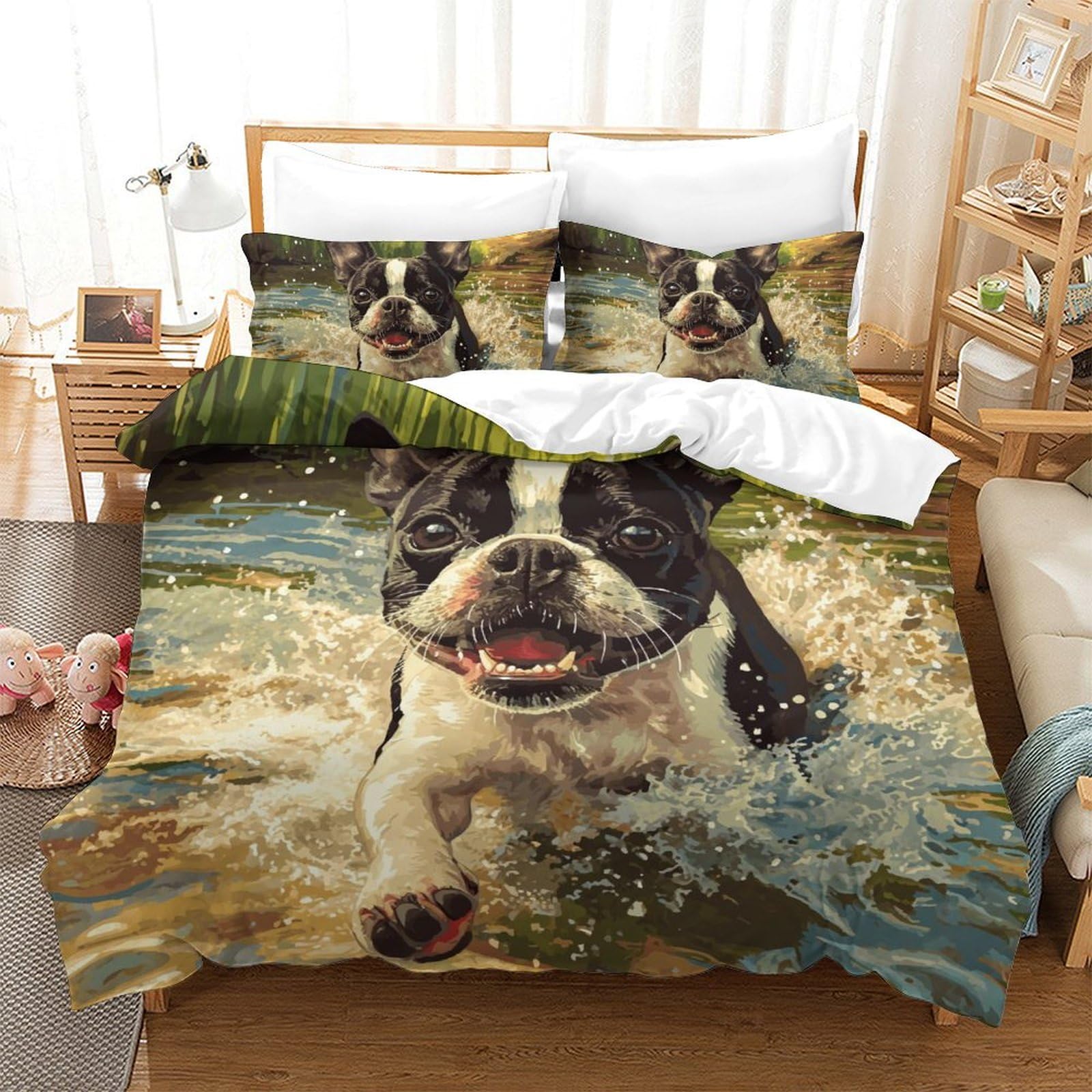Parure de lit 3 pièces Boston Terrier avec housse de couette 200x200cm et taies d'oreiller