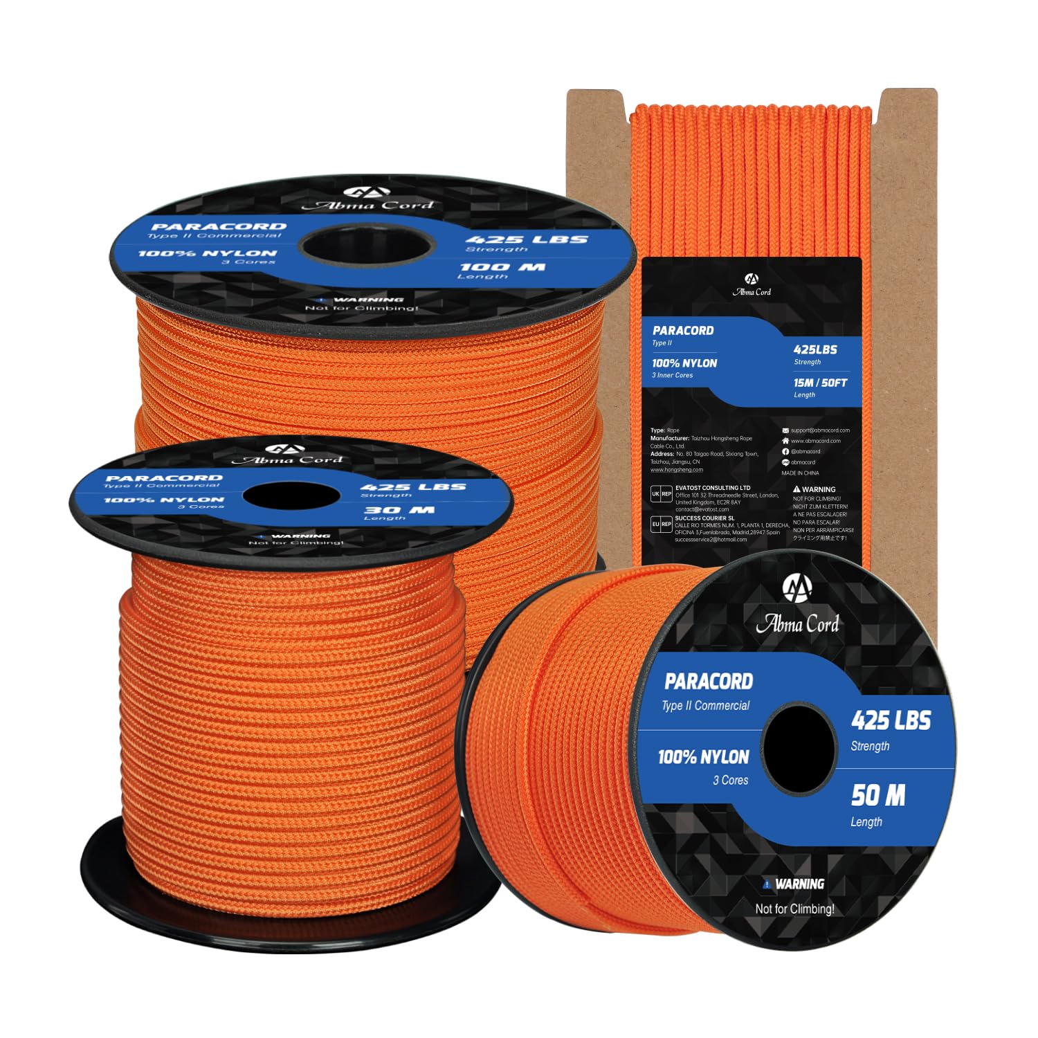 Abma Cord Paracord 3mm 15m 100% Nylon Rope Type II 3 Strands Parachute Cord - Max. 192kg (425lbs) - Orange