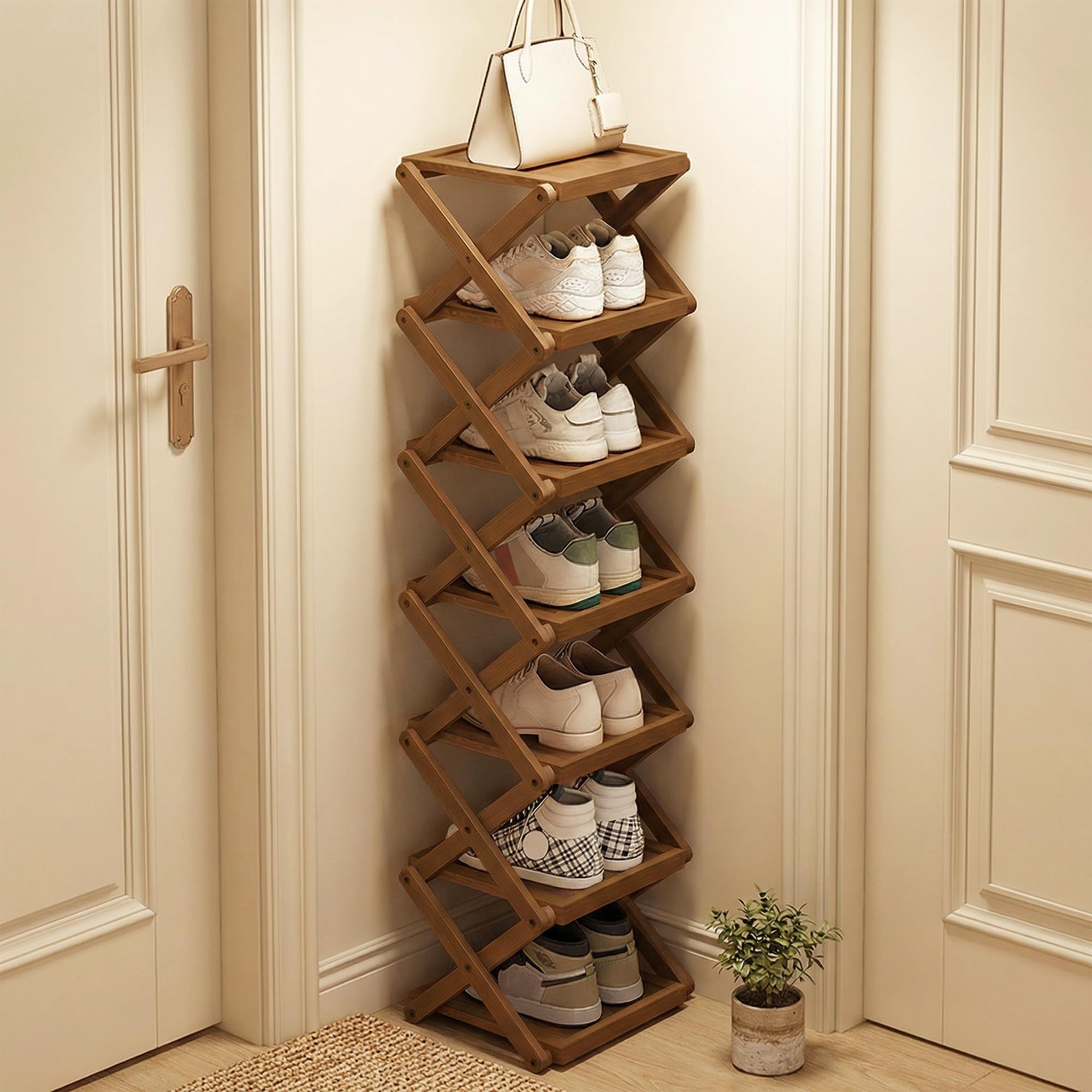 Bamboo Standing Foldable Shoe Rack, Eco-Friendly – Multiple Layers Available, Widened & Taller, Multifunctional Storage Rack for Entryway, Hallway & Bedroom, Space-Saving (Brown, 7 floors)
