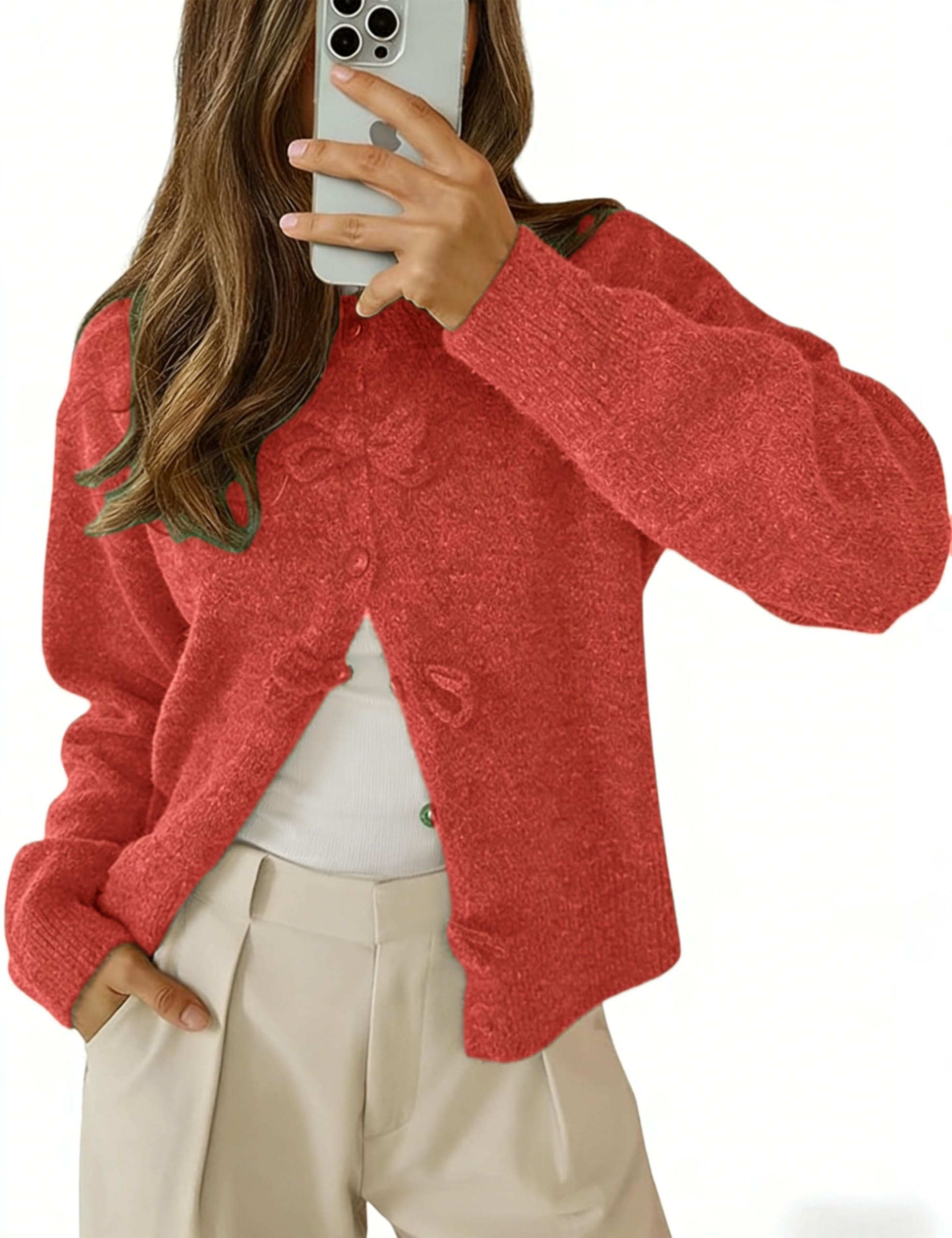 Women's Bow Knot Cardigan Crew Neck Long Sleeve Button Down Knit Cropped Sweater Tops-image-47
