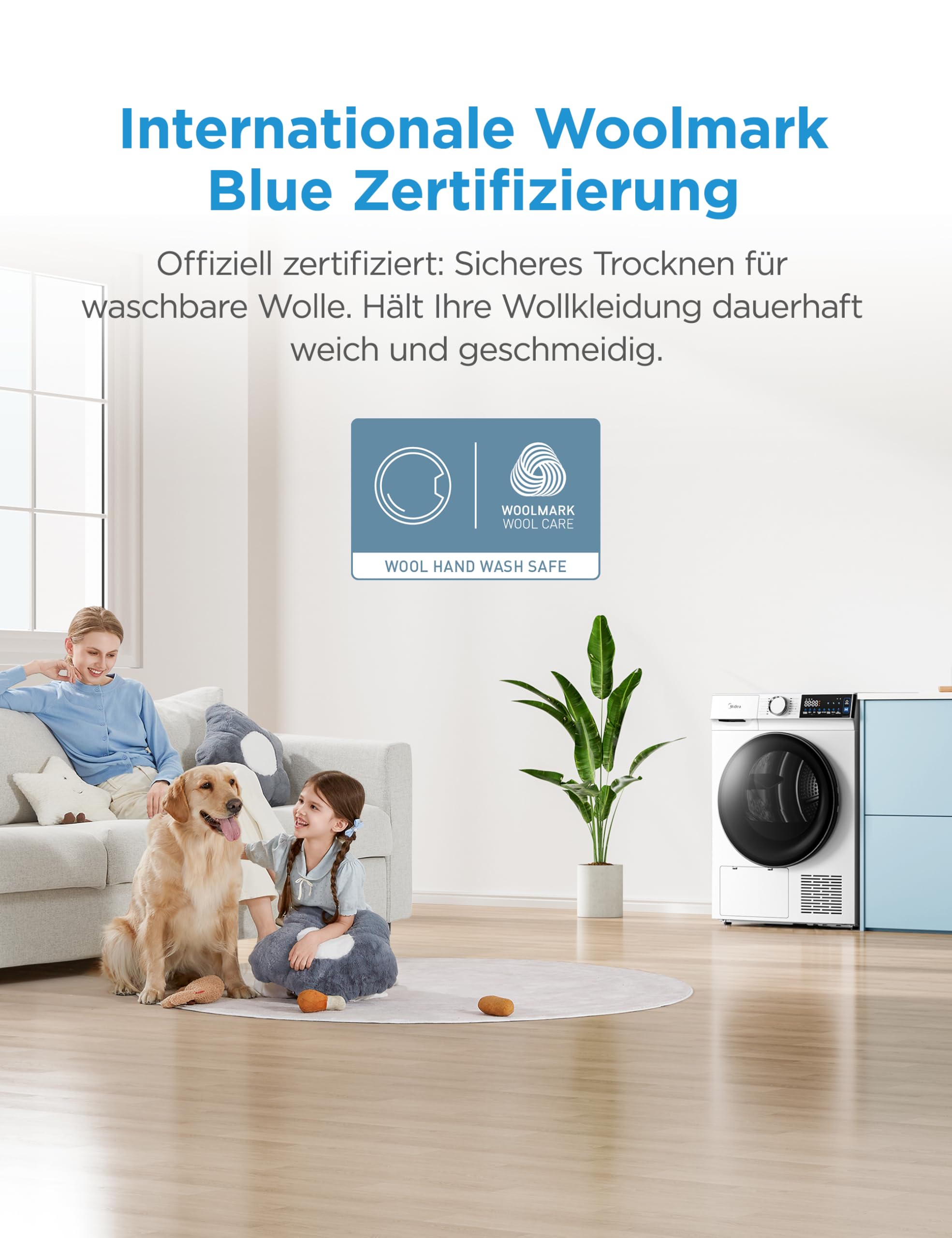 Midea Serie V5 Wärmepumpentrockner, 9 kg, Energieklasse C, WLAN-Steuerung, 30 Minuten Schnelltrocknung, UV-Desinfektion mit Milbenentfernung, Knitterschutz, Inverter-Motor, Weiß, MDV5EH90WBC