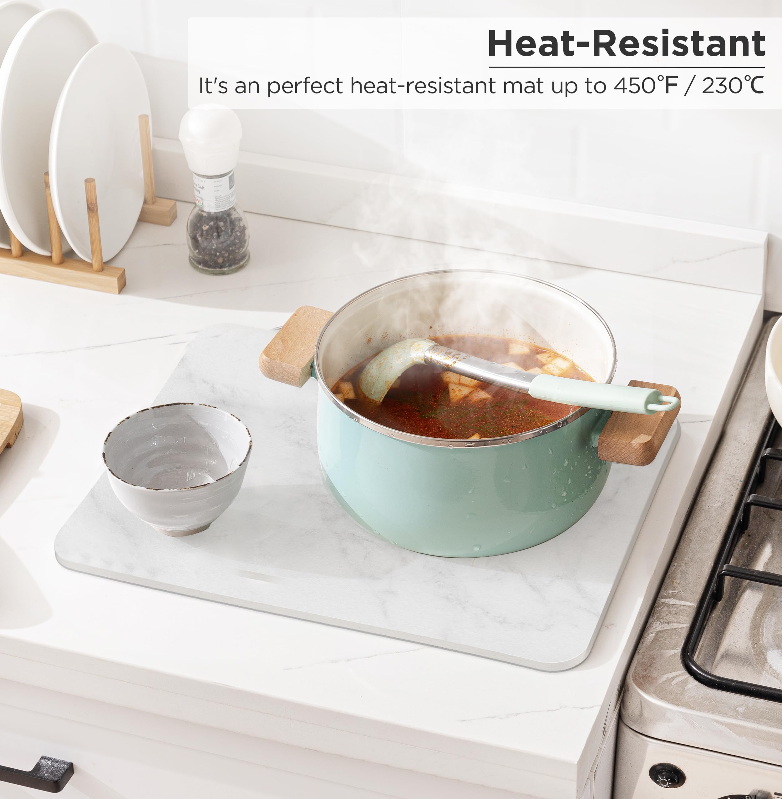 UBTKEY Stone Drying Mat for Kitchen Counter, Diatomaceous Earth Dish Drying Mat, Super Absorbent Heat Resistant Eco-Friendly Marble Drying Mat for Kitchen Counter (15.7x11.8 inch, White)