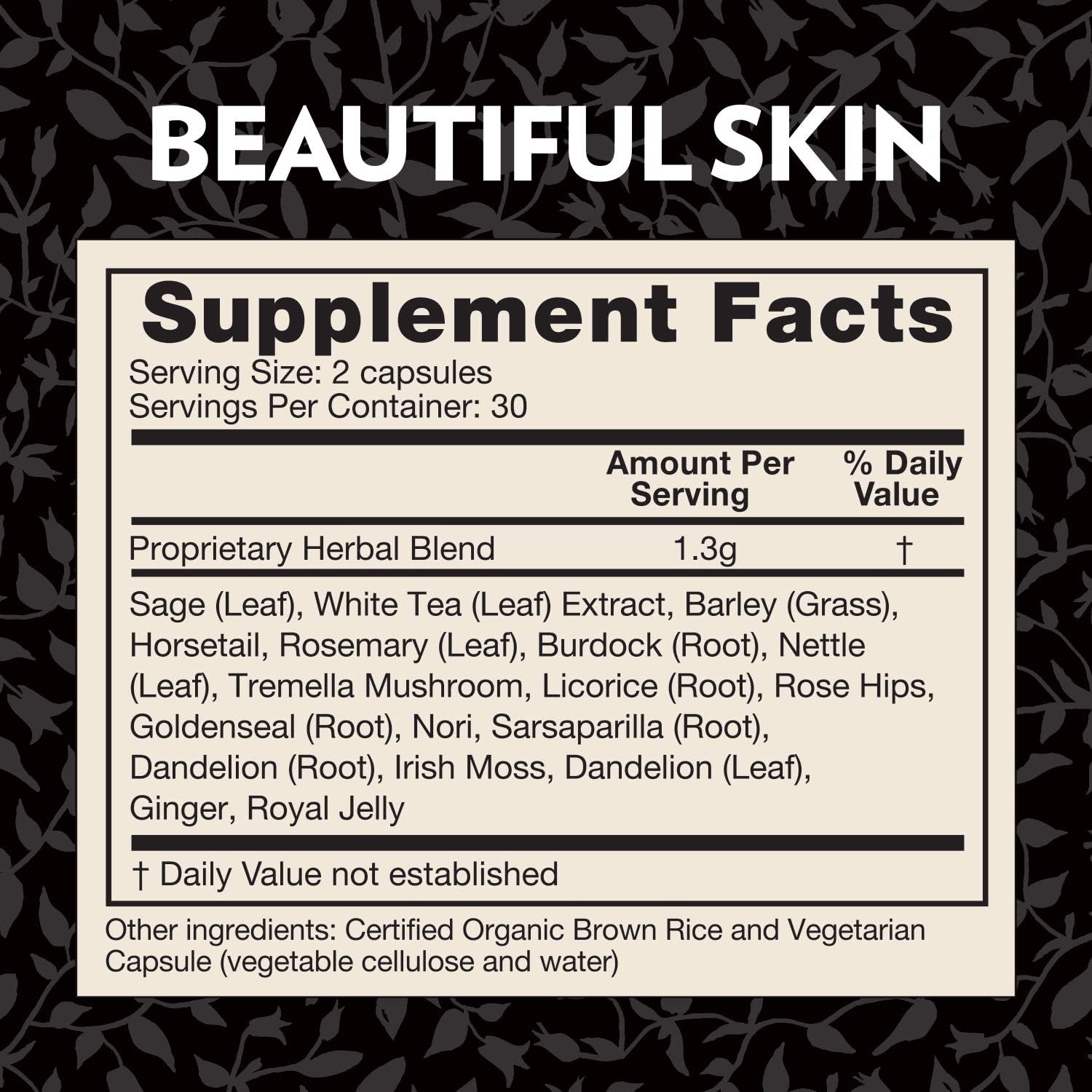 Crystal Star Beautiful Skin Supplement (60 Capsules) - Herbal Skincare for Natural Plant-Based Collagen and Daily Rejuvenation – White Tea, Tremella Mushroom, White Sage & Sarsaparilla - Non-GMO