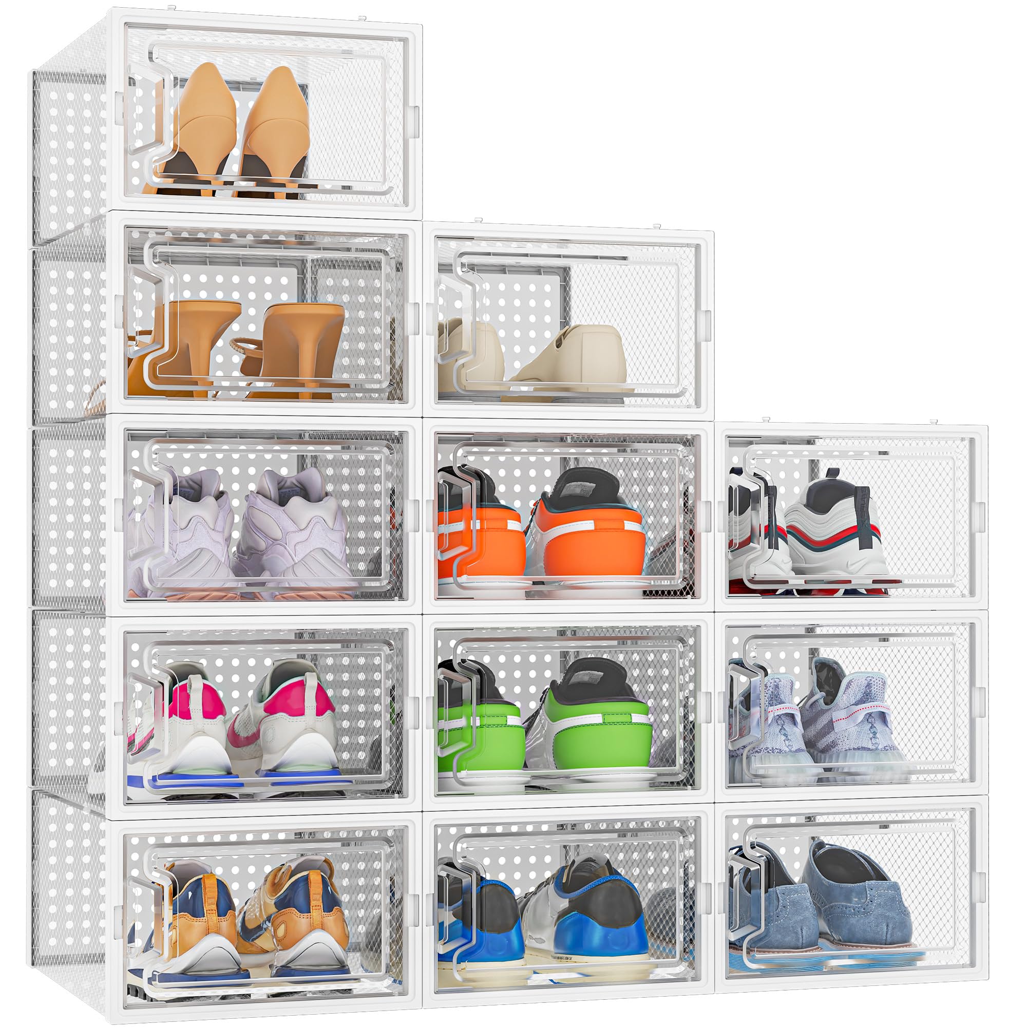 HOMIDEC Shoe Storage Box,12 pcs Stackable Shoe Boxes Clear Plastic Shoe Organizer Shoe Containers with Lids for Women/Men,Fit UK 9.5
