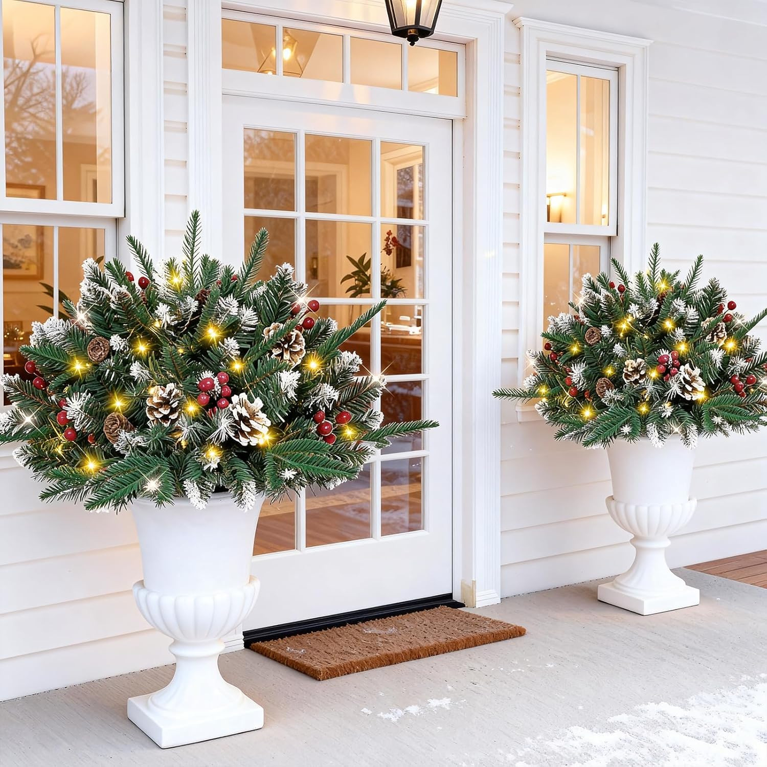 2 Pack Lighted Christmas Tree – Battery Operated Outdoor Christmas Tree Planter Filler with Snowy Pinecones & Red Berries, Christmas Urn Filler with Lights for Porch, Yard & Pathway
