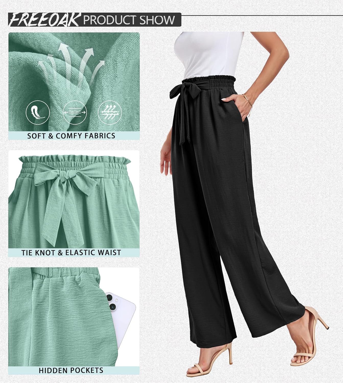 Womens Wide Leg Pants High Waist Flowy Adjustable Knot Loose Trousers Casuals Lounge Business Pants with Pockets - Image 4