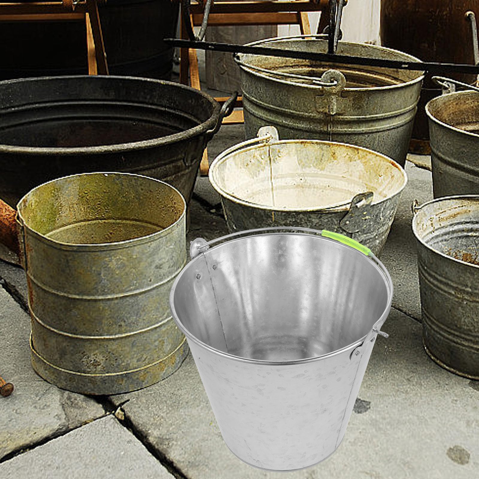 Housoutil Secchio di Ferro da 8l Manico Portatile e Struttura Robusta, Secchio D'acqua Argento per Pulizia e Irrigazione in Giardino