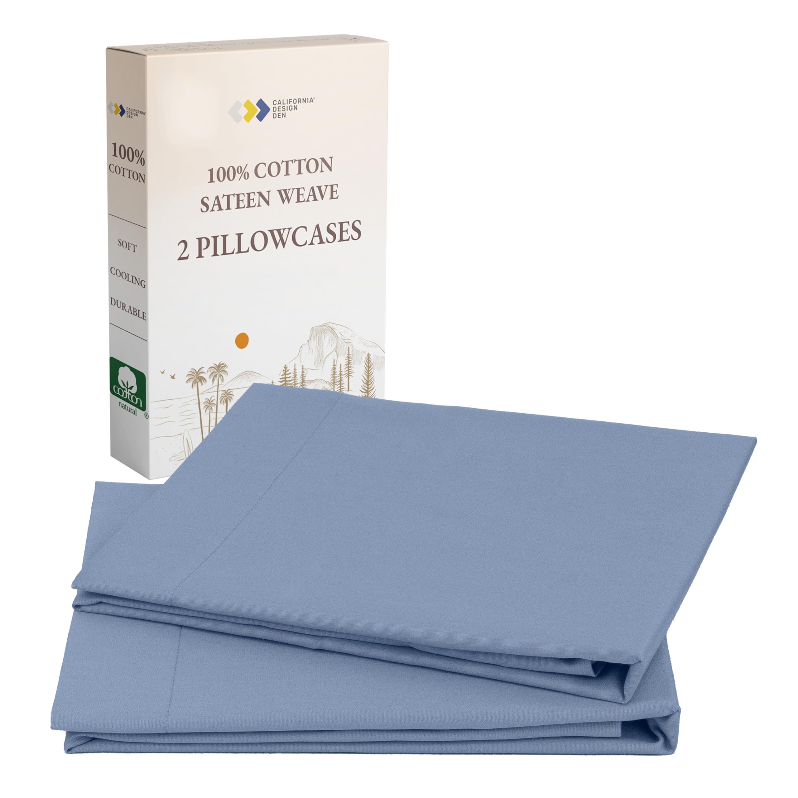 California Design Den 100% Cotton Pillowcases Standard Size Set of 2, Soft Sateen Weave Cotton Pillowcases (Standard/Queen, Blue Hydrangea)