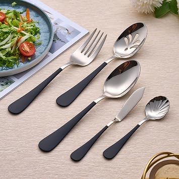 10 Pieces Black Serving Set, 18/0 Stainless Steel Hostess Set, Slotted Serving Spoon, Salad Serving Spoon/Fork, Butter Knife, Two Color Combinations, Dishwasher Safe