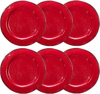 LEHAHA Red Melamine Plates Set, 9 inch Vintage Rustic 6 piece Salad/Dessert Plates Set, Unbreakable Dishes Set Great for Everyday Use and Dining Party, Ideal for Salad,Dessert,Fruit and Cakes