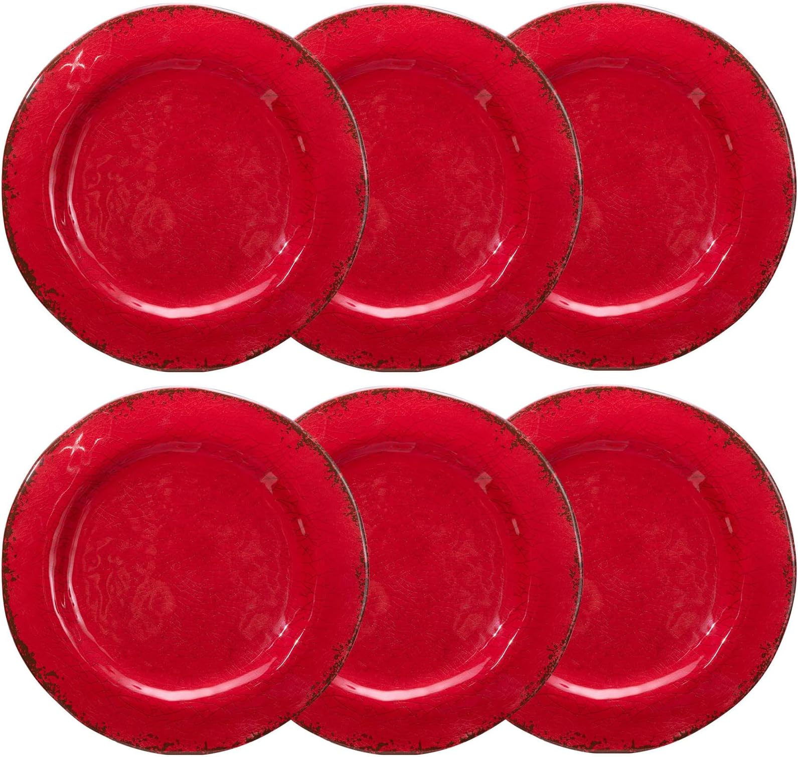 LEHAHA Red Melamine Plates Set, 9 inch Vintage Rustic 6 piece Salad/Dessert Plates Set, Unbreakable Dishes Set Great for Everyday Use and Dining Party, Ideal for Salad,Dessert,Fruit and Cakes