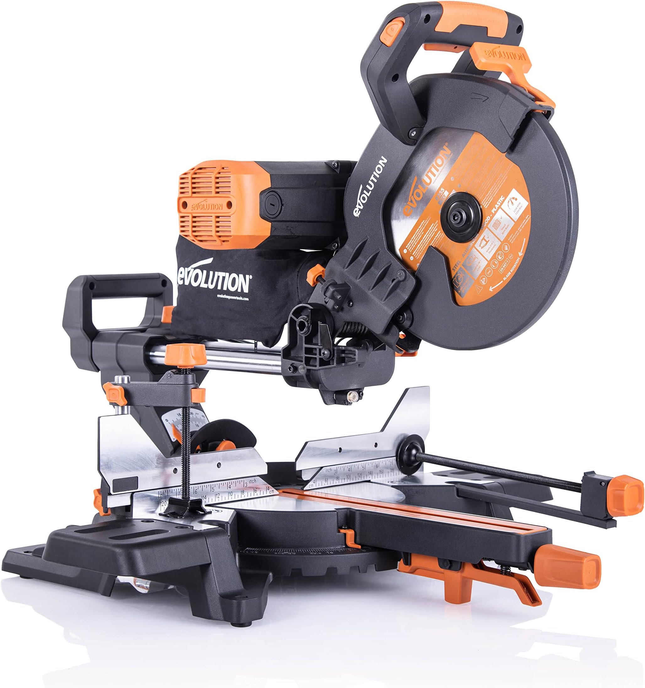 R255SMS-DB+ Double Bevel Sliding Mitre Saw, Multi-Material Cuts Metal, Wood, Plastic & More - with Plus Pack includes Clamps, Dust Bag & Blades, 255mm (230V)